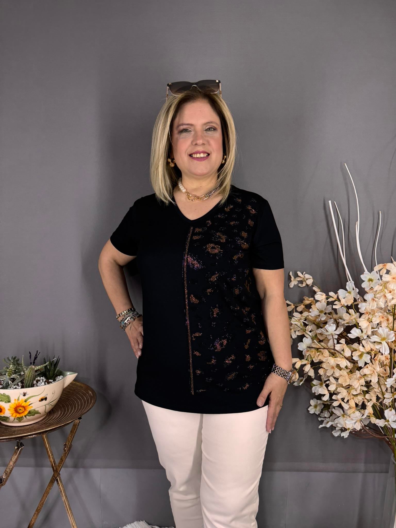 EYZ519 SİYAH GOLD LEOPAR TAŞLI PENYE BLUZ