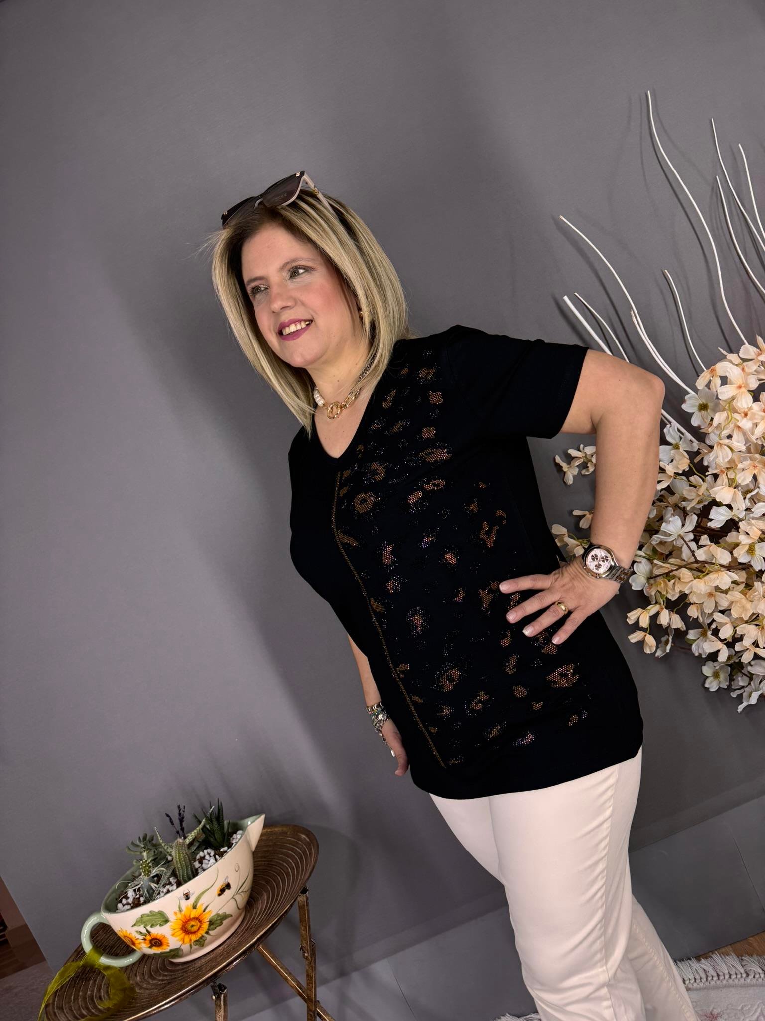 EYZ519 SİYAH GOLD LEOPAR TAŞLI PENYE BLUZ