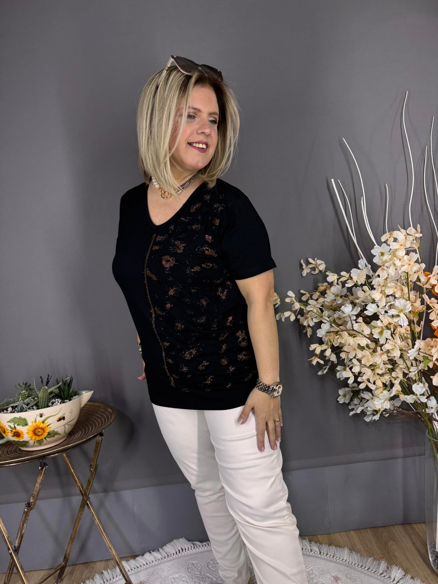 EYZ519 SİYAH GOLD LEOPAR TAŞLI PENYE BLUZ