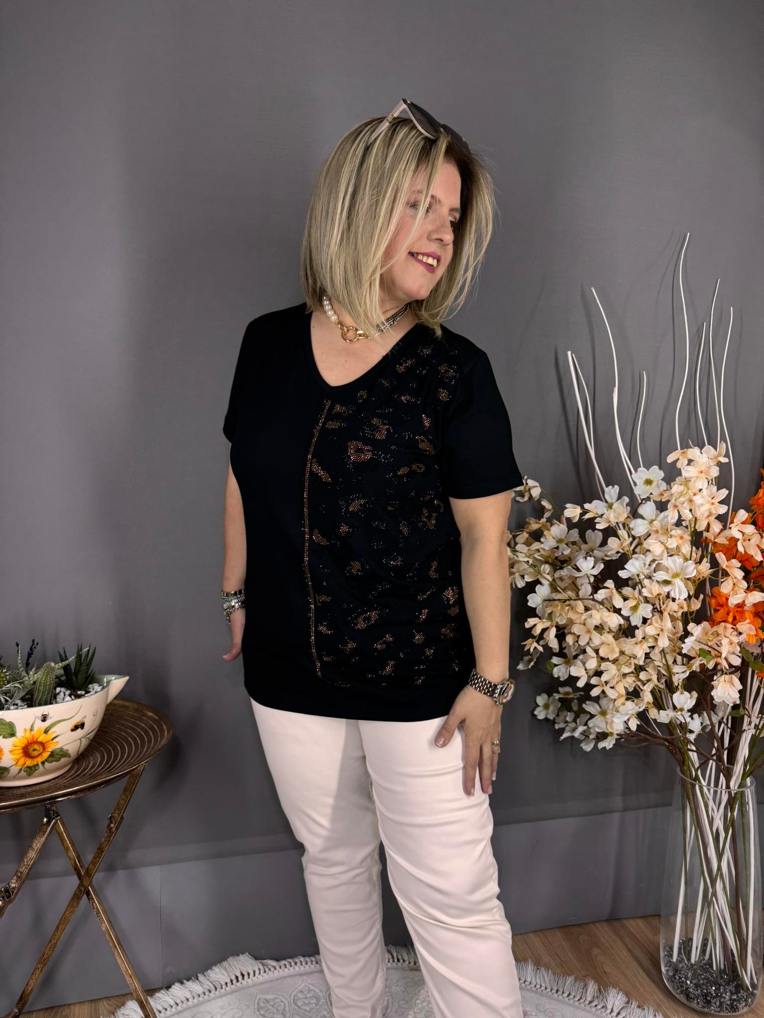 EYZ519 SİYAH GOLD LEOPAR TAŞLI PENYE BLUZ