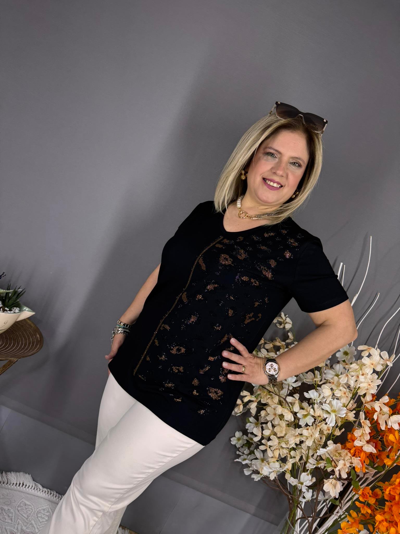 EYZ519 SİYAH GOLD LEOPAR TAŞLI PENYE BLUZ