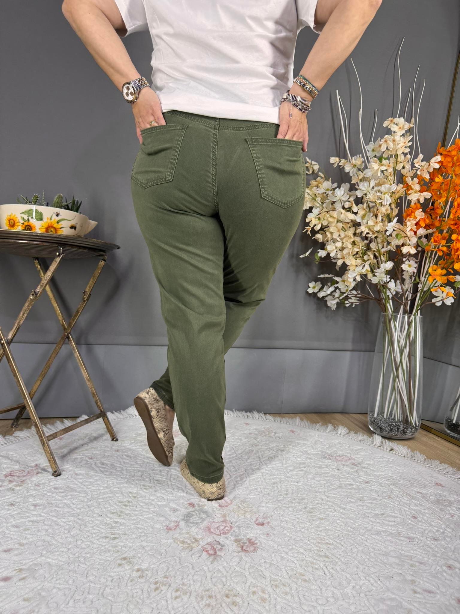 EYZ524 YEŞİL TENCEL KUMAŞ BELİ LASTİKLİ PANTOLON