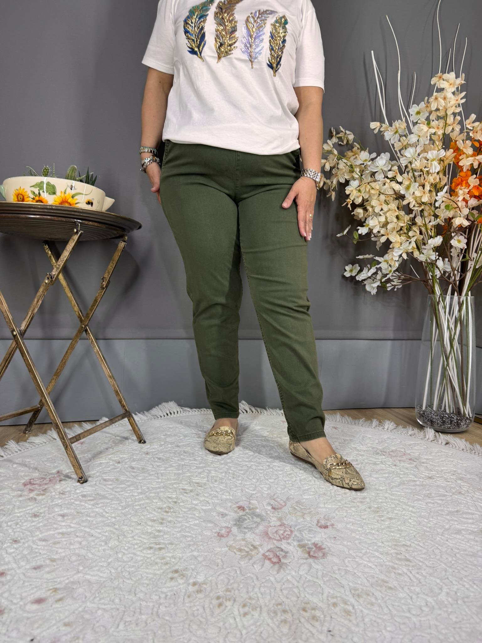 EYZ524 YEŞİL TENCEL KUMAŞ BELİ LASTİKLİ PANTOLON