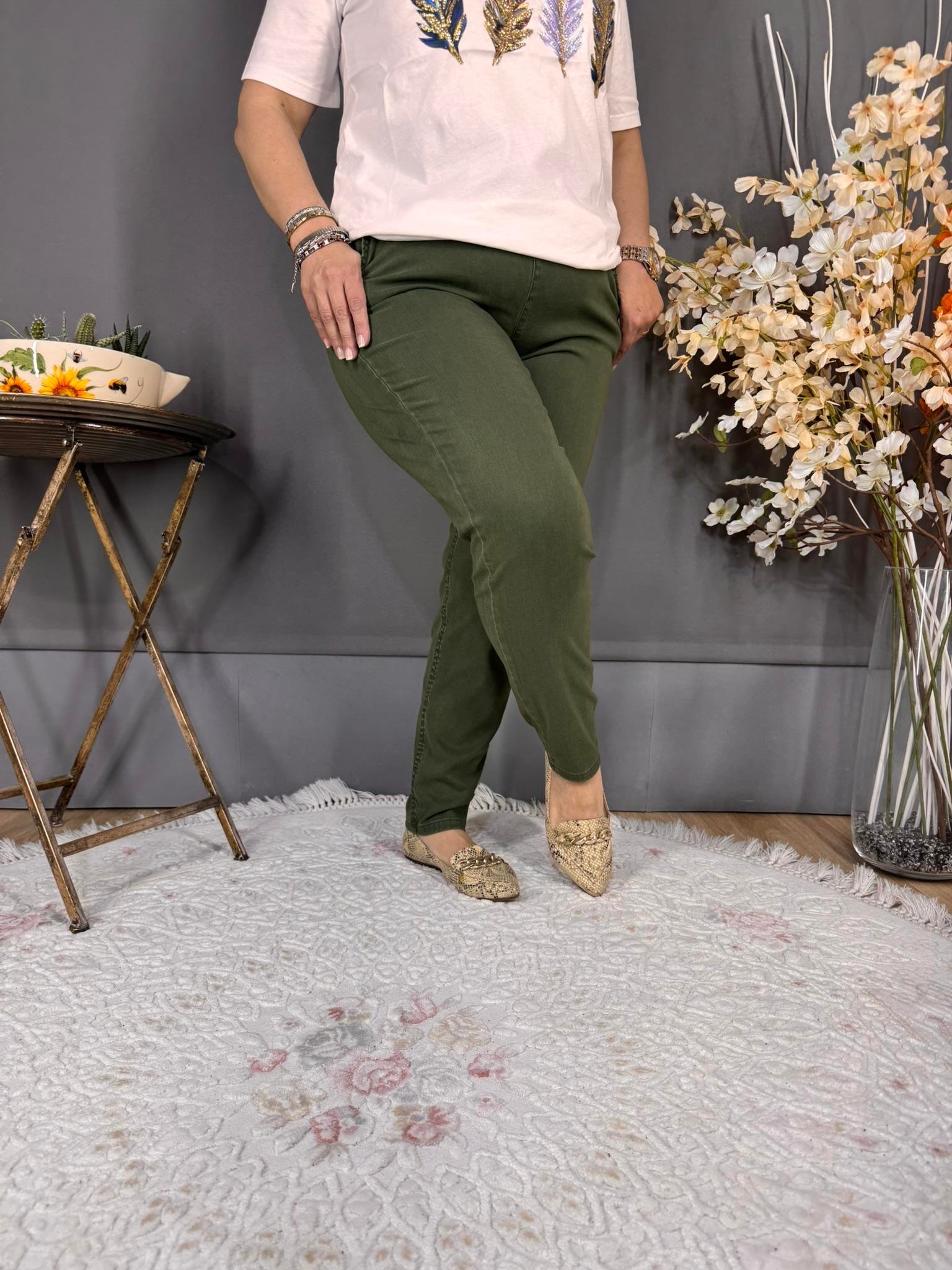 EYZ524 YEŞİL TENCEL KUMAŞ BELİ LASTİKLİ PANTOLON