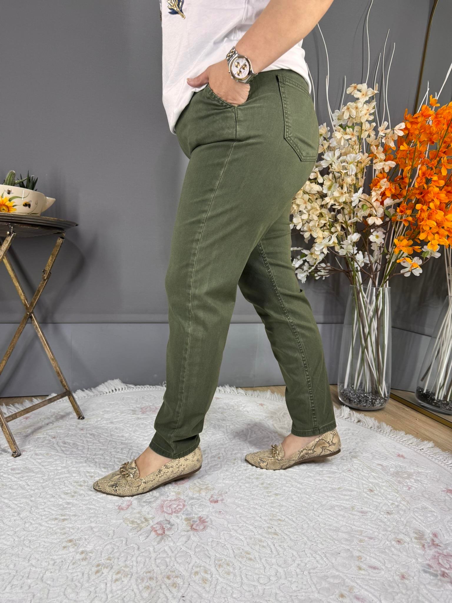 EYZ524 YEŞİL TENCEL KUMAŞ BELİ LASTİKLİ PANTOLON