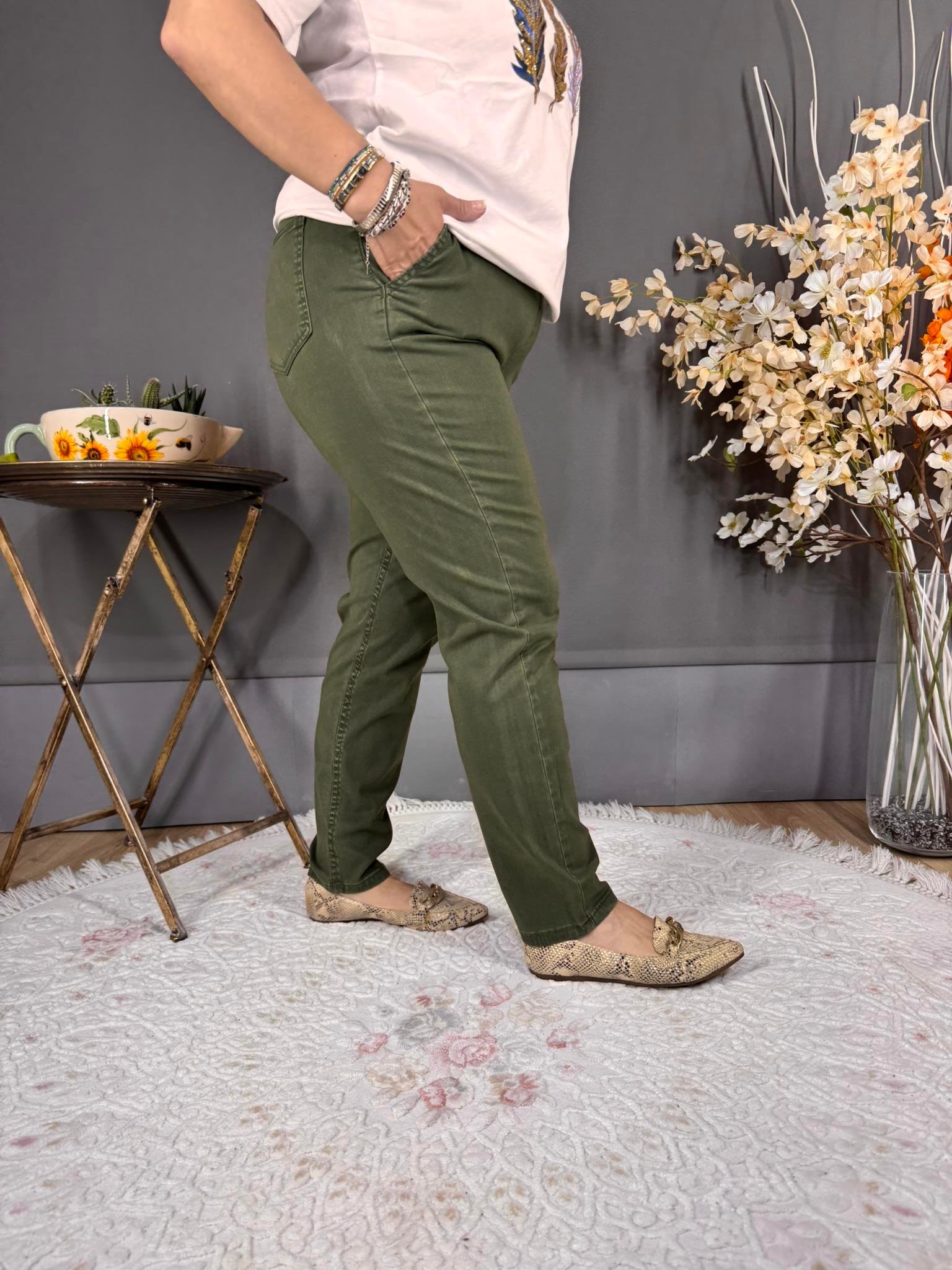 EYZ524 YEŞİL TENCEL KUMAŞ BELİ LASTİKLİ PANTOLON