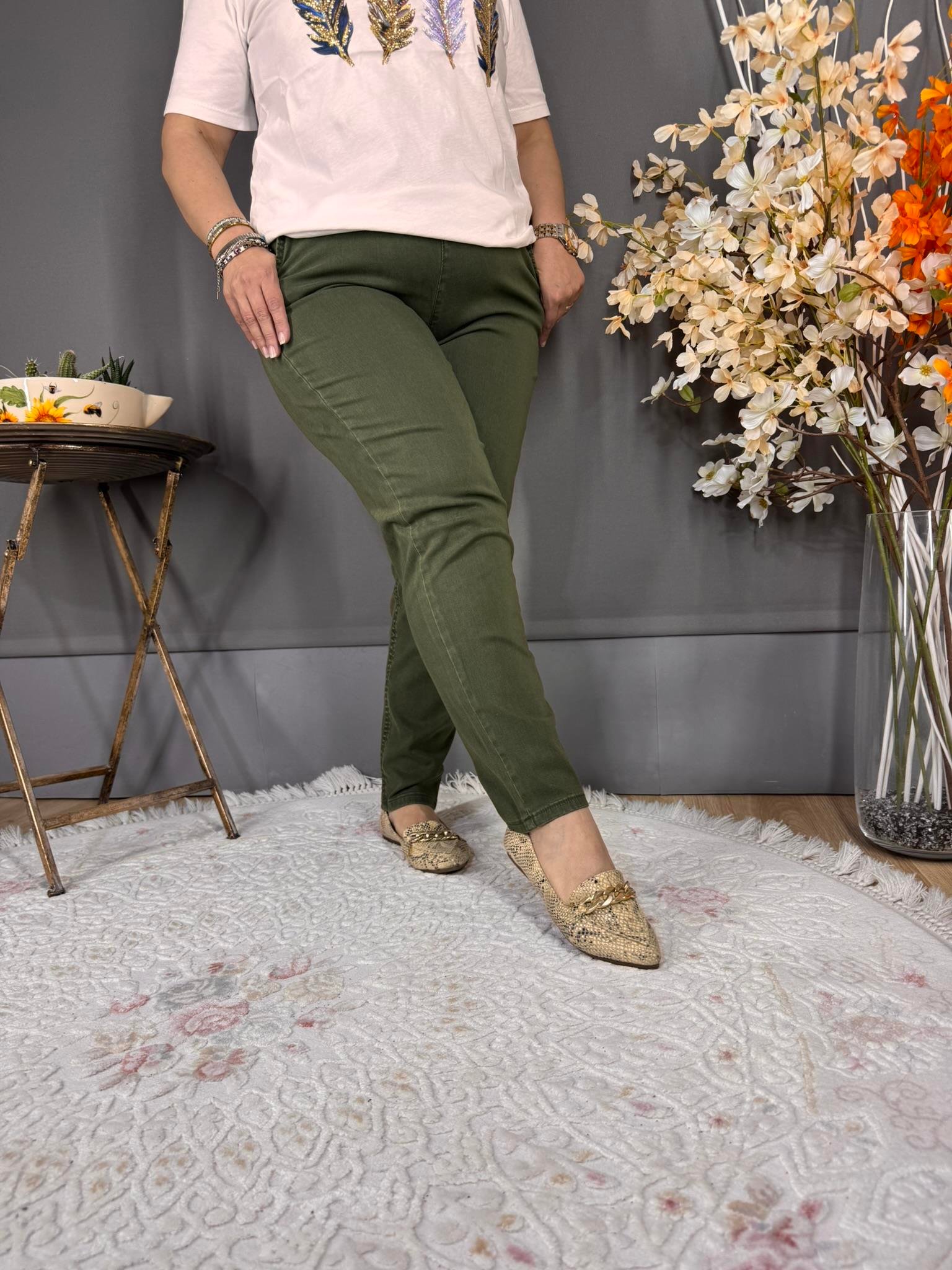 EYZ524 YEŞİL TENCEL KUMAŞ BELİ LASTİKLİ PANTOLON