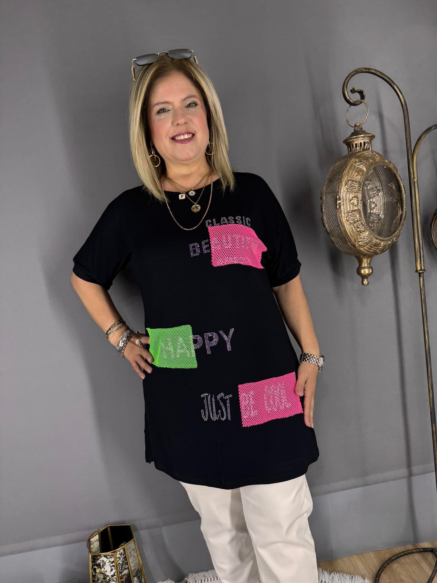 EYZ531 SİYAH NEON DETAYLI SIRTI ÇAPRAZ TUNİK