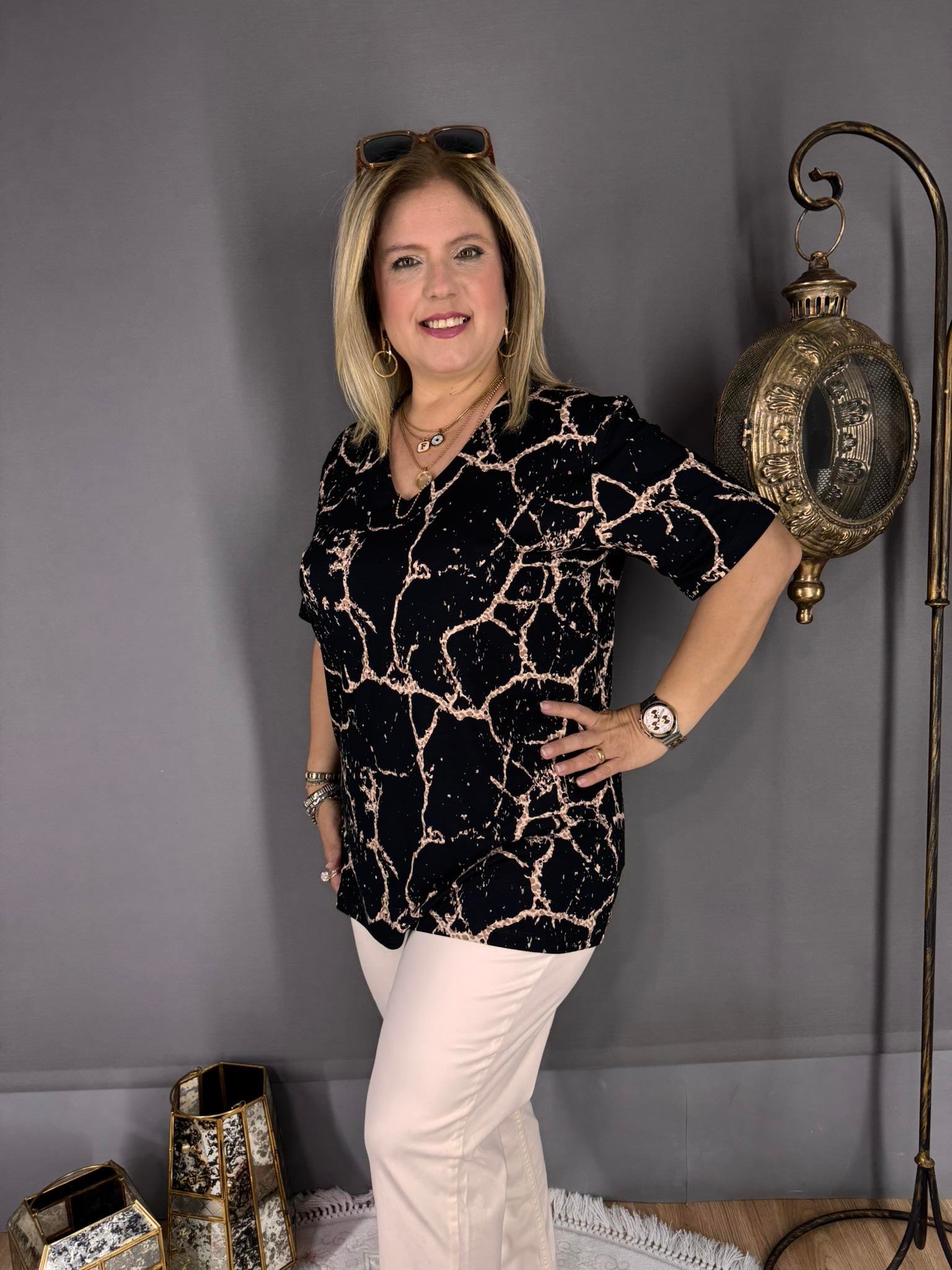 EYZ533 SİYAH MERMER DESENLİ PENYE BLUZ