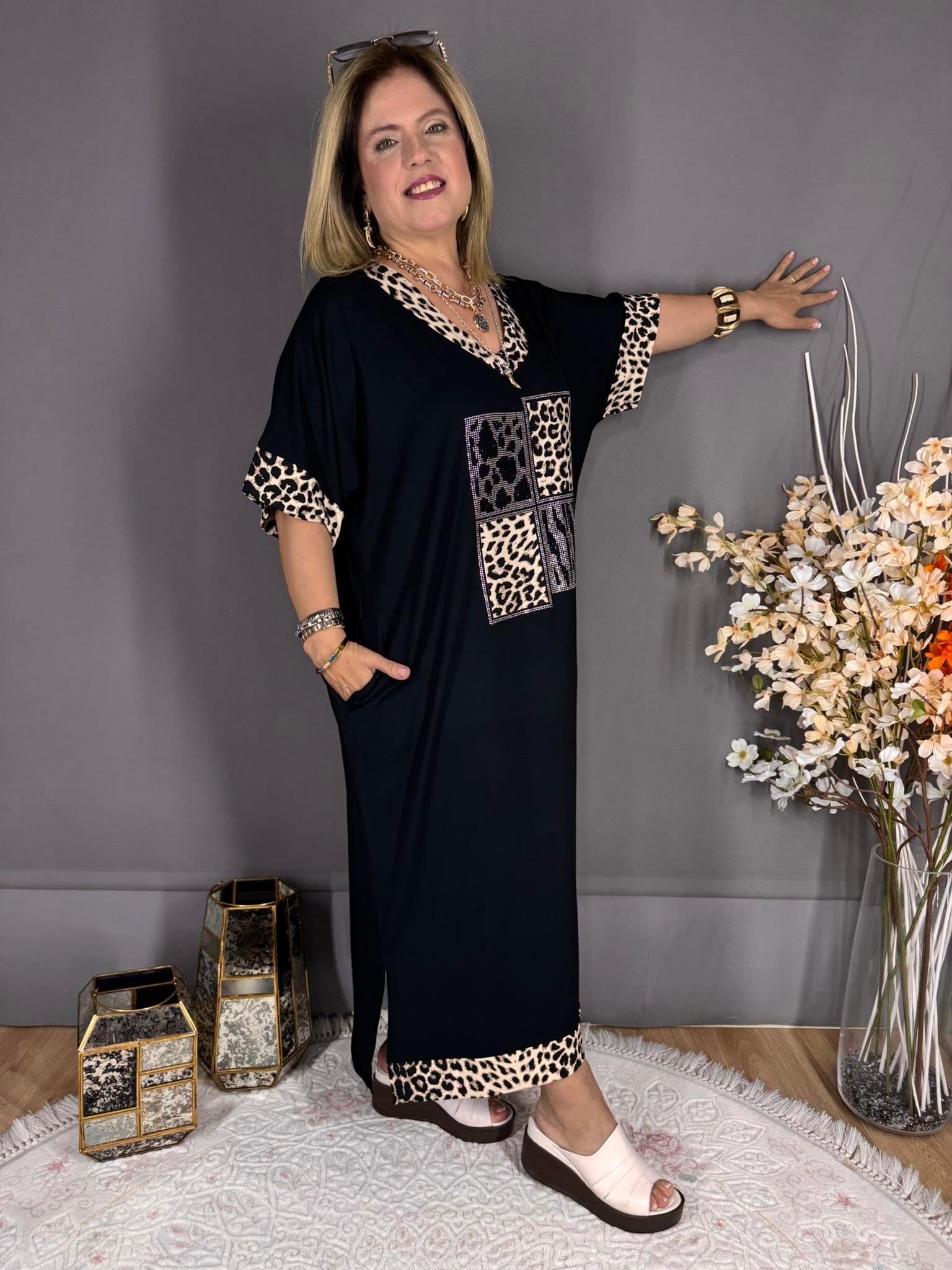 EYZ548 SİYAH YAKASI LEOPAR DESENLİ ELBİSE