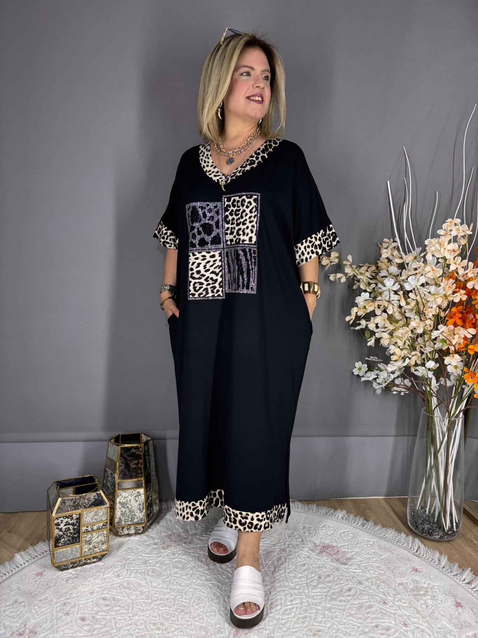 EYZ548 SİYAH YAKASI LEOPAR DESENLİ ELBİSE
