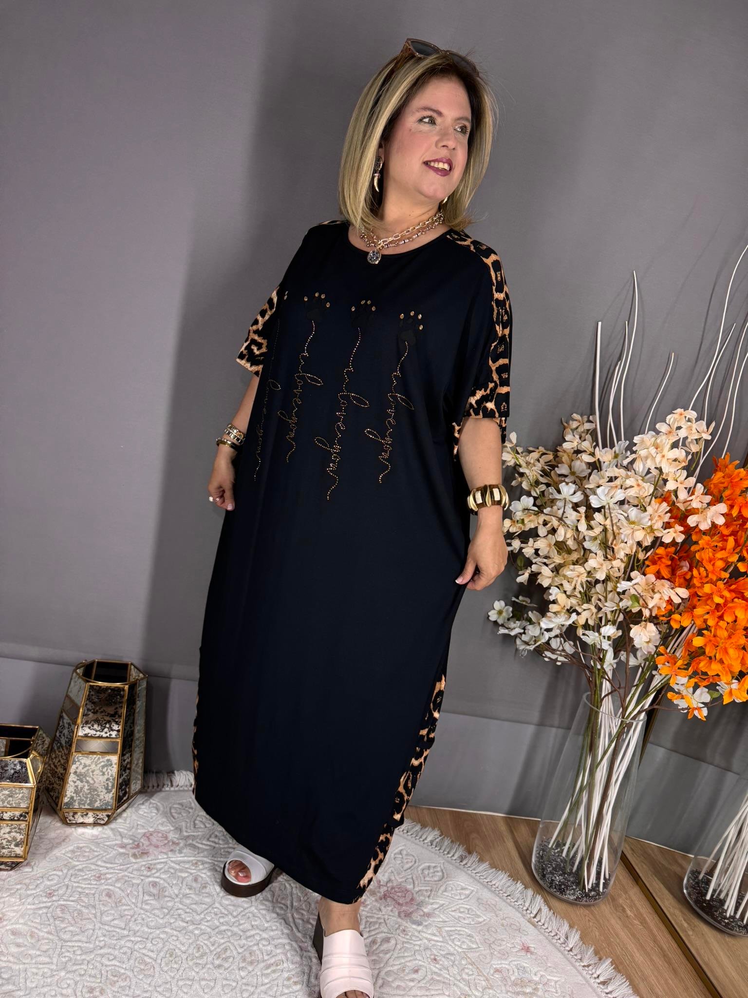 EYZ550 SİYAH LEOPAR YAZILI TAŞLI ELBİSE