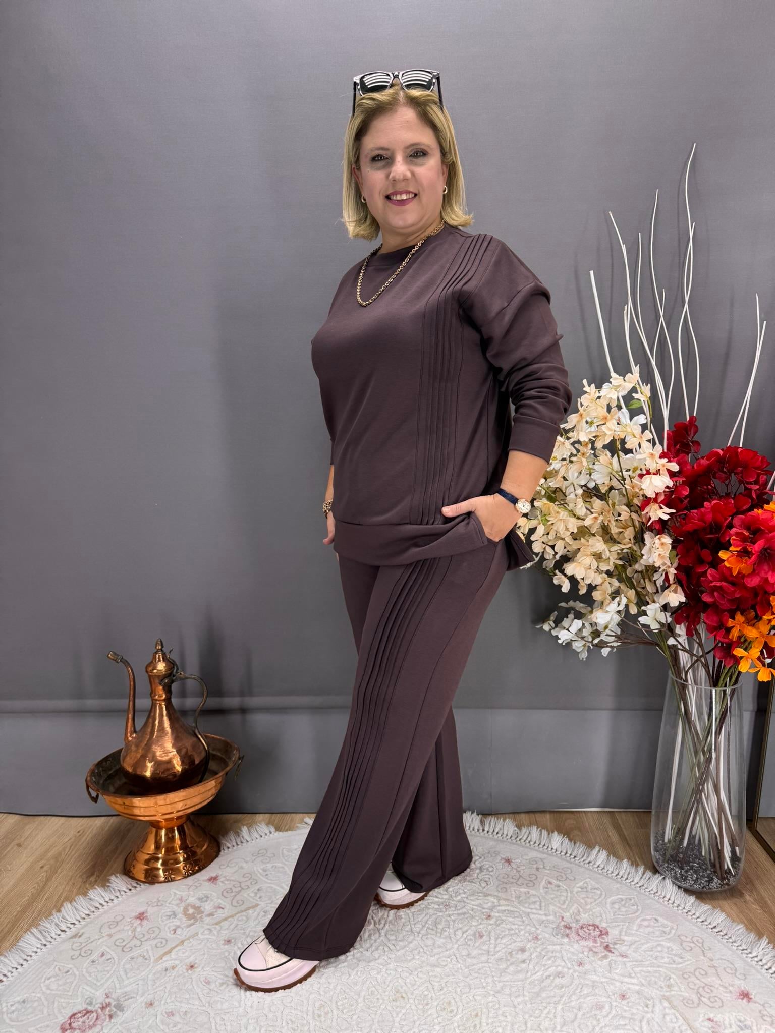 EYZ741 KAHVE OYSHO KUMAŞ ÖN PİLE DETAYLI EŞOFMAN TAKIM