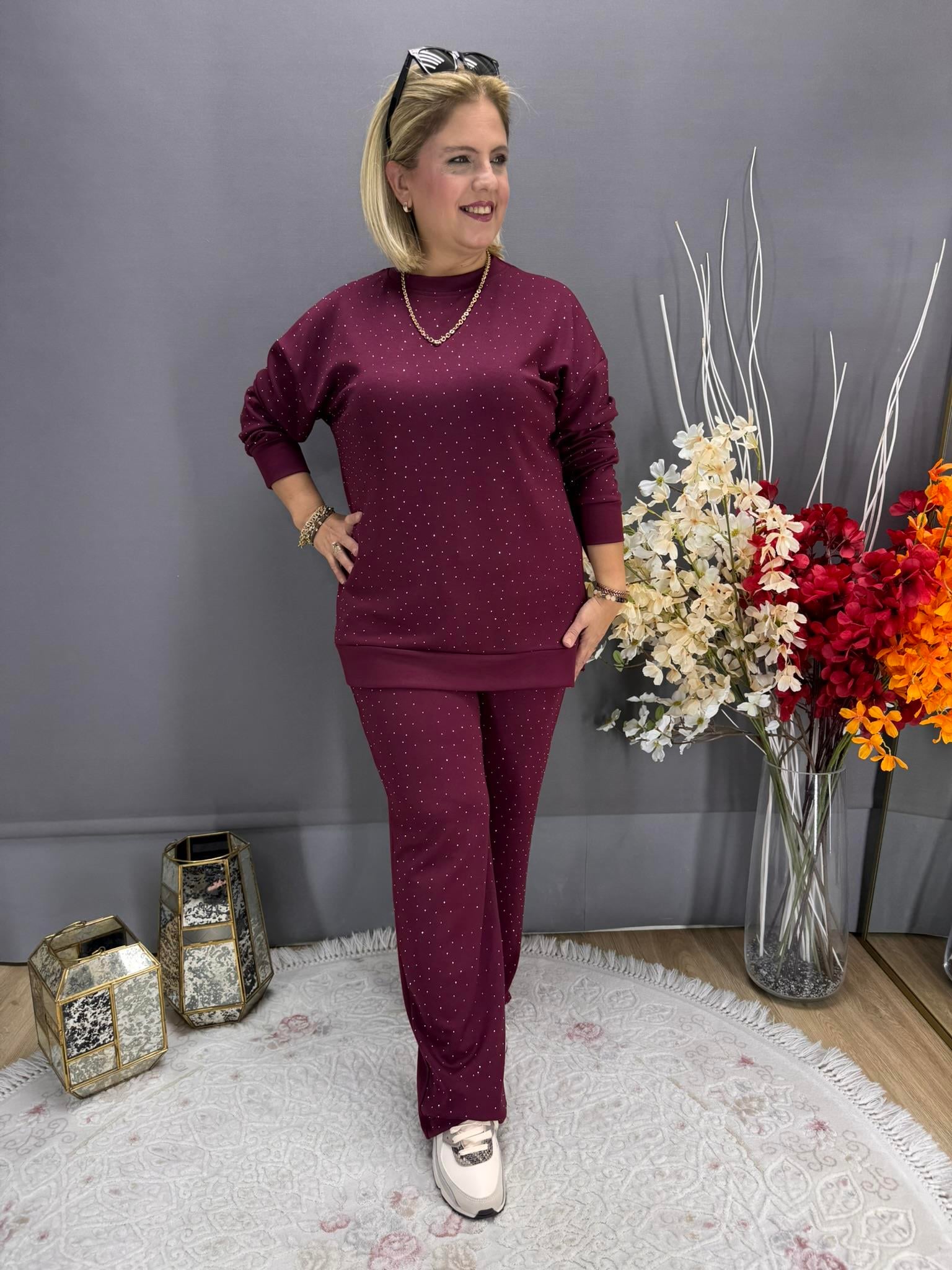 EYZ746 BORDO OYSHO KUMAŞ ÖN TAŞLI EŞOFMAN TAKIM