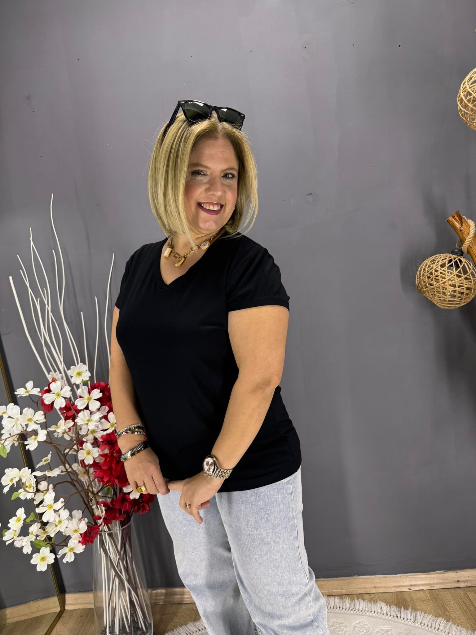 EYZ793 SİYAH V YAKA BASİC PENYE  BLUZ