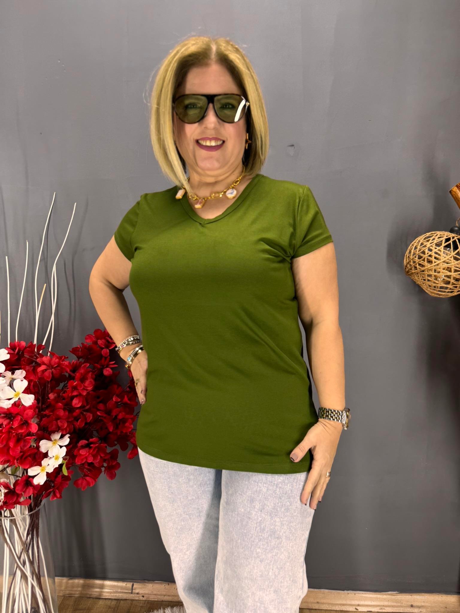 EYZ794 YEŞİL  V YAKA BASİC PENYE  BLUZ