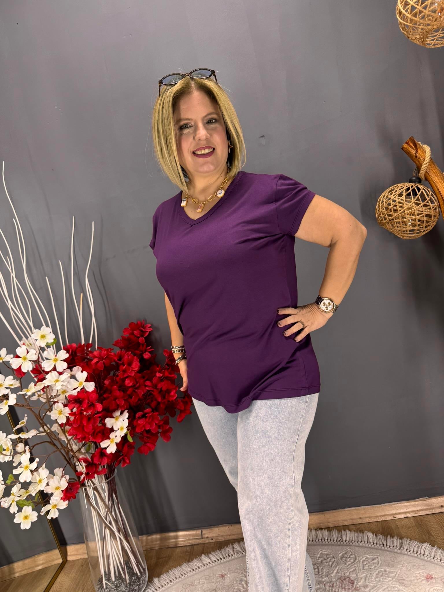 EYZ795 MOR  V YAKA BASİC PENYE  BLUZ