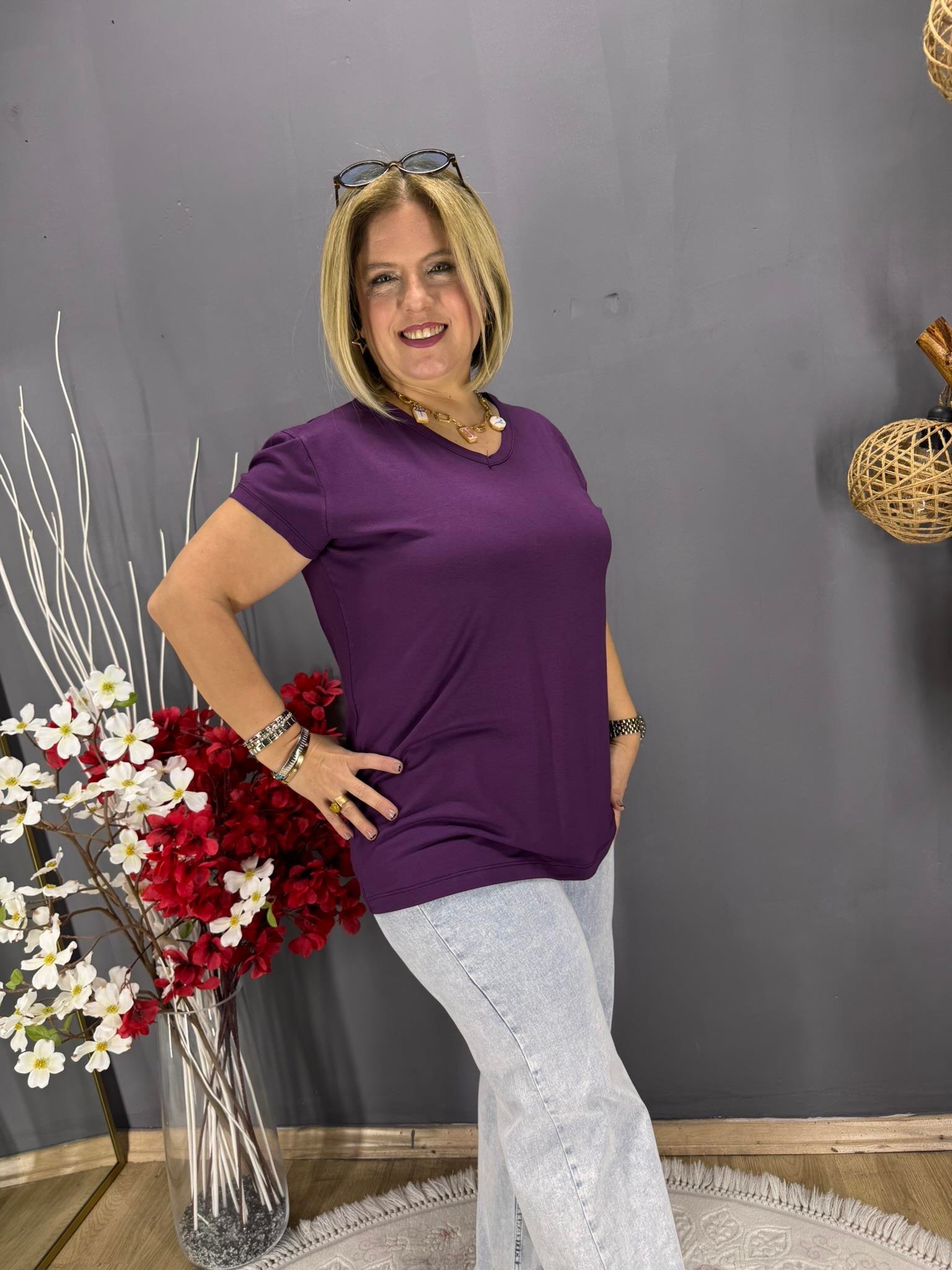 EYZ795 MOR  V YAKA BASİC PENYE  BLUZ