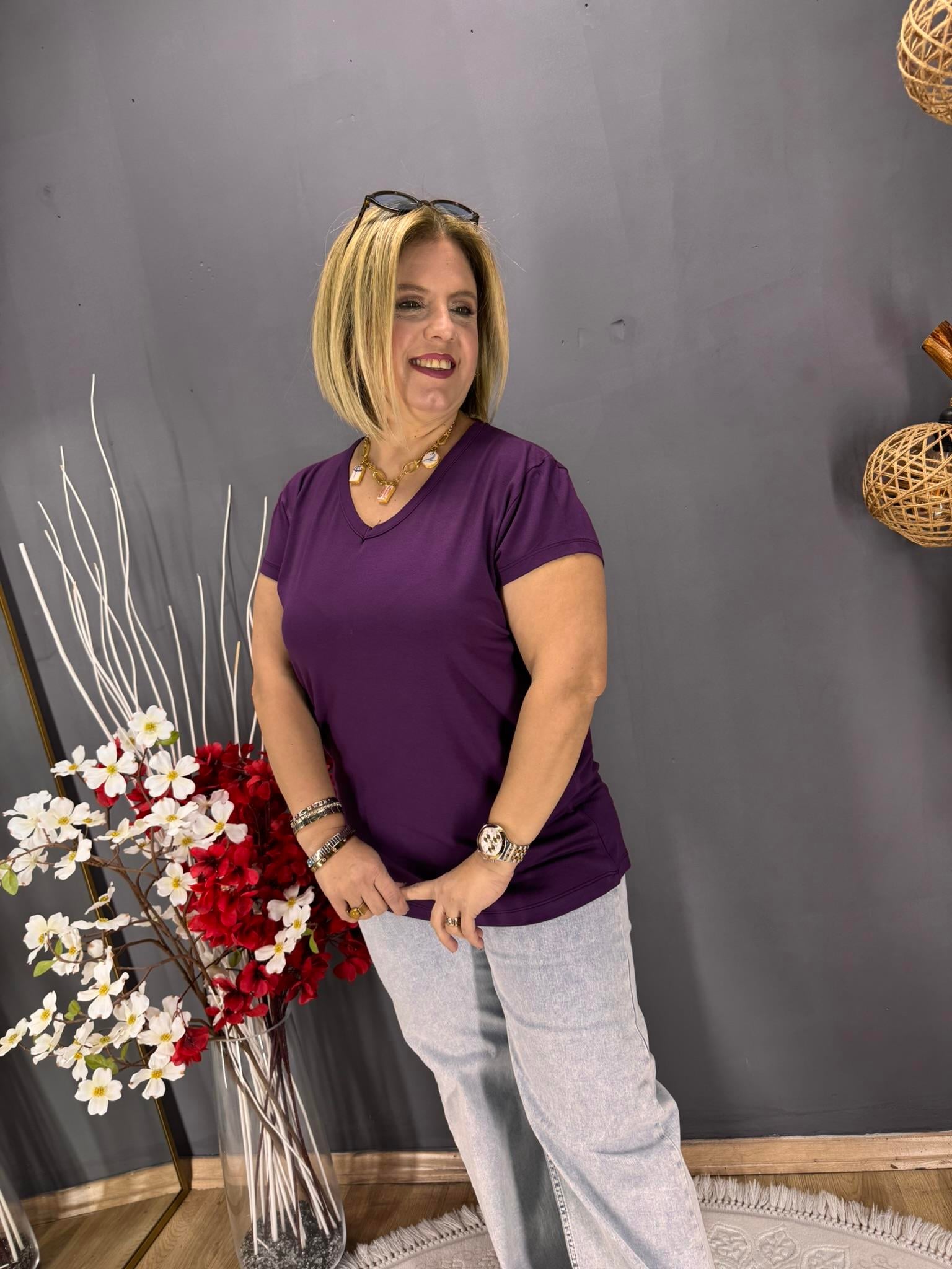 EYZ795 MOR  V YAKA BASİC PENYE  BLUZ