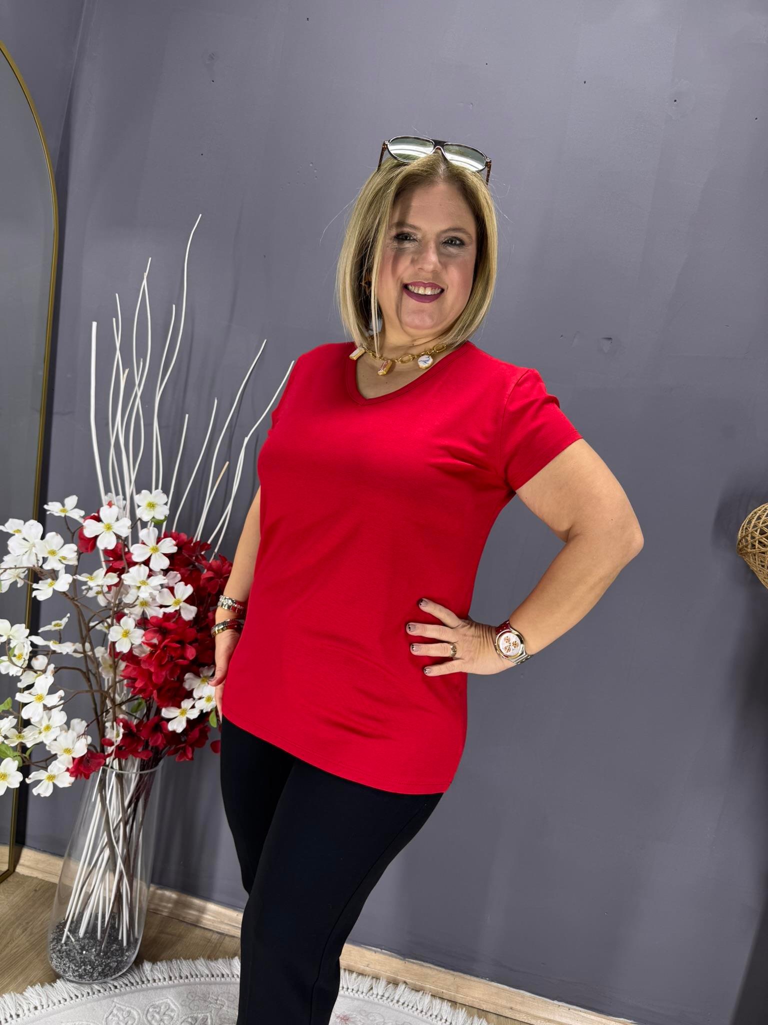 EYZ796 KIRMIZI V YAKA BASİC PENYE  BLUZ