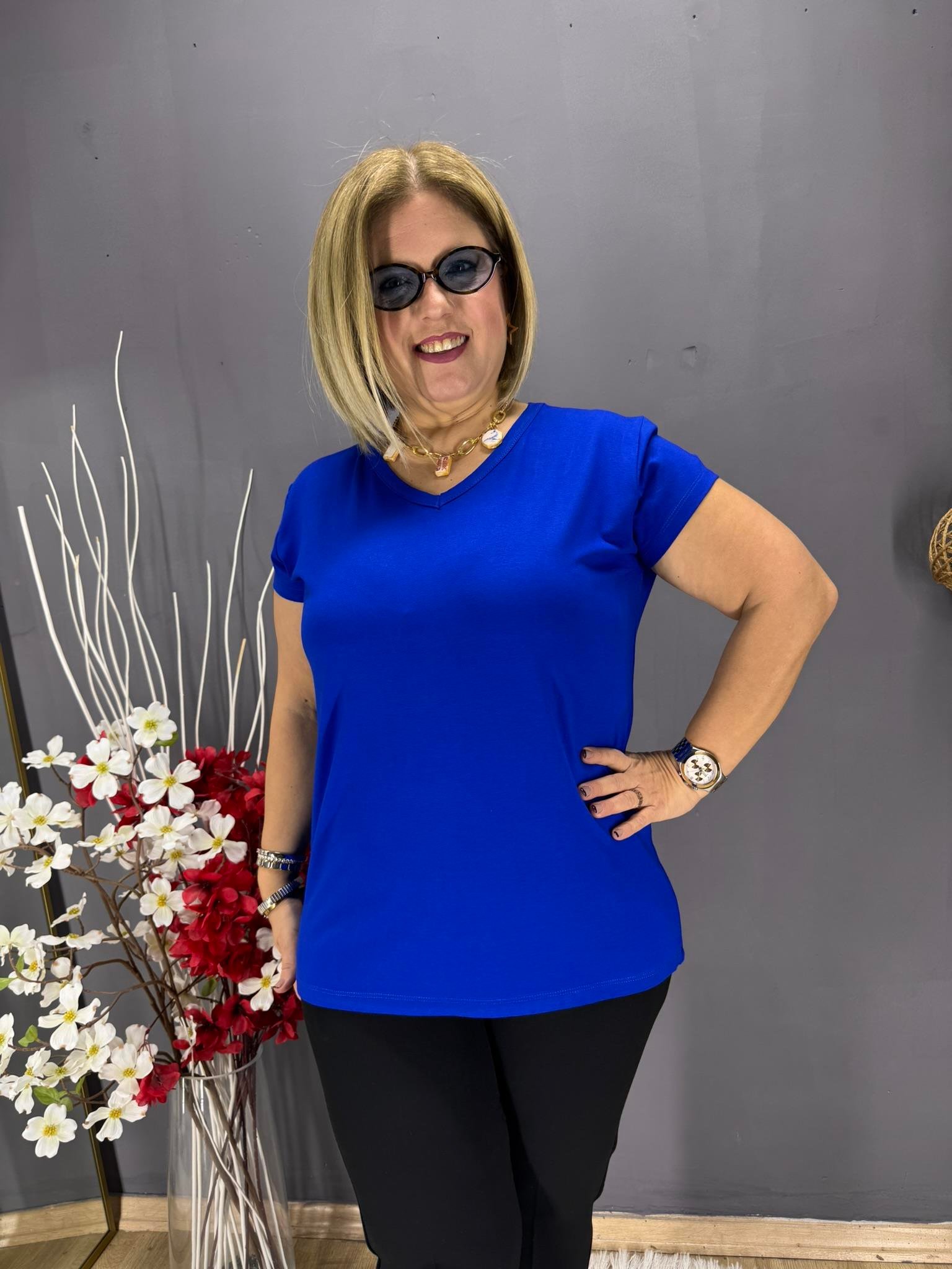 EYZ797 MAVİ V YAKA BASİC PENYE  BLUZ