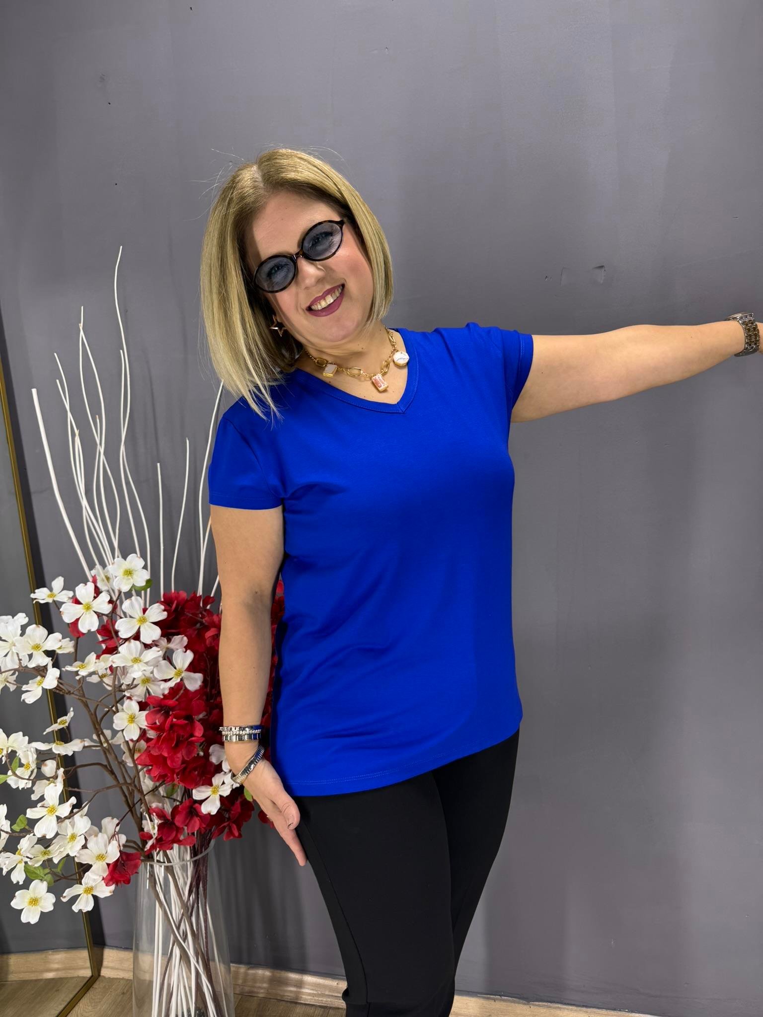 EYZ797 MAVİ V YAKA BASİC PENYE  BLUZ