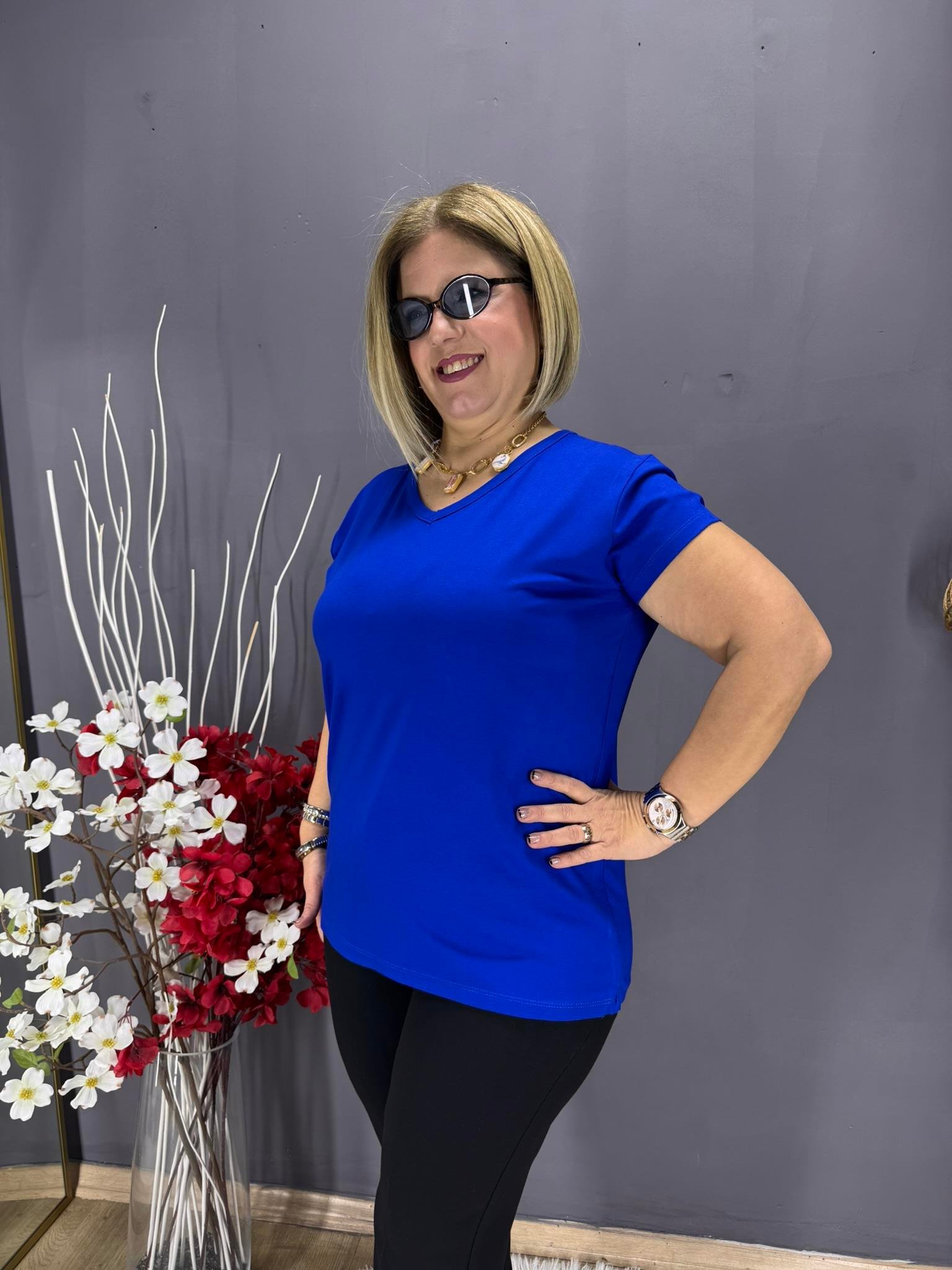 EYZ797 MAVİ V YAKA BASİC PENYE  BLUZ