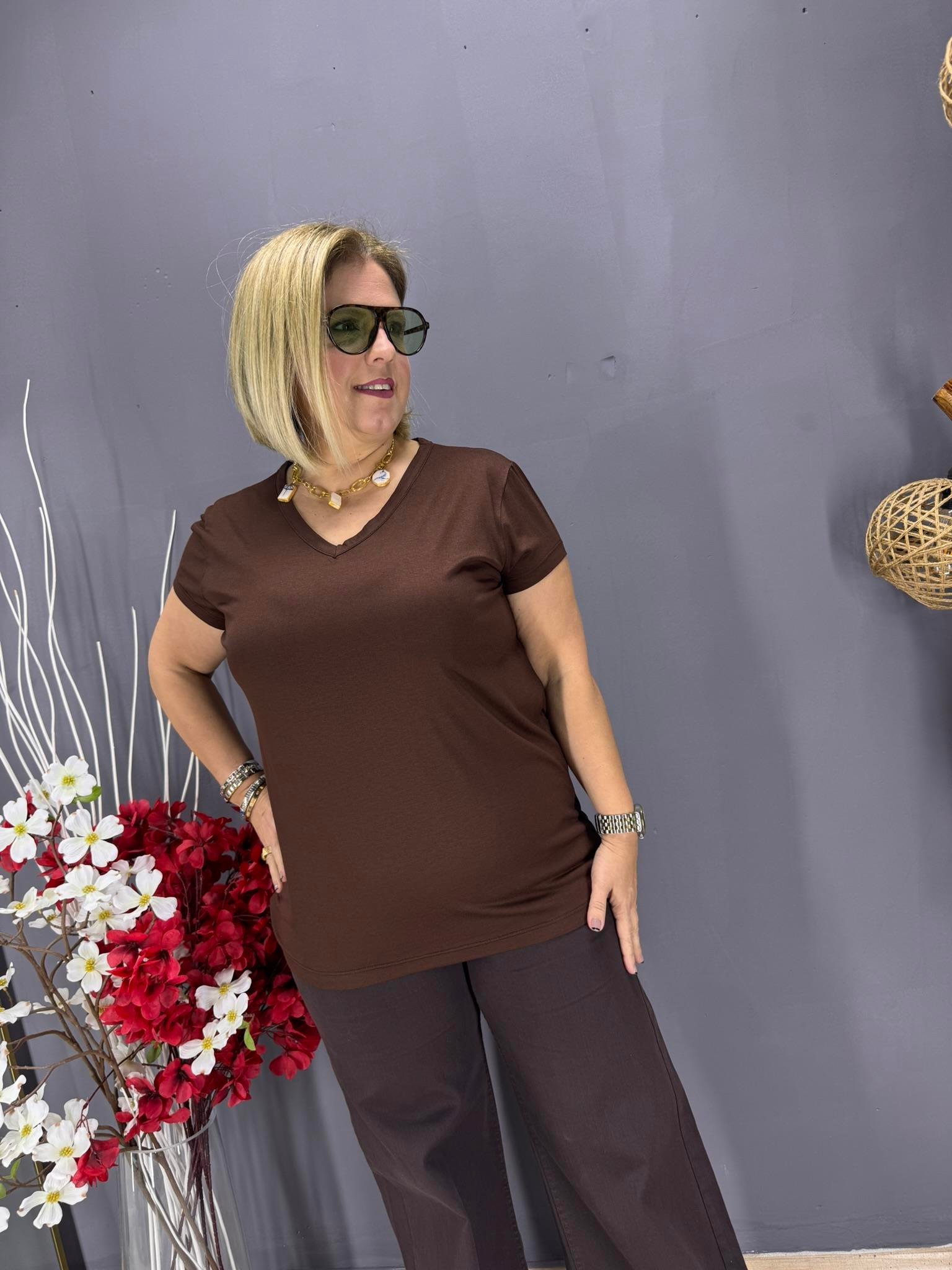 EYZ799 KAHVE V YAKA BASİC PENYE  BLUZ