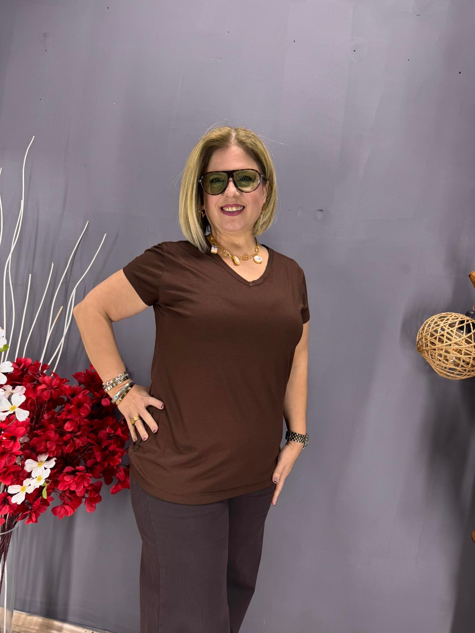 EYZ799 KAHVE V YAKA BASİC PENYE  BLUZ