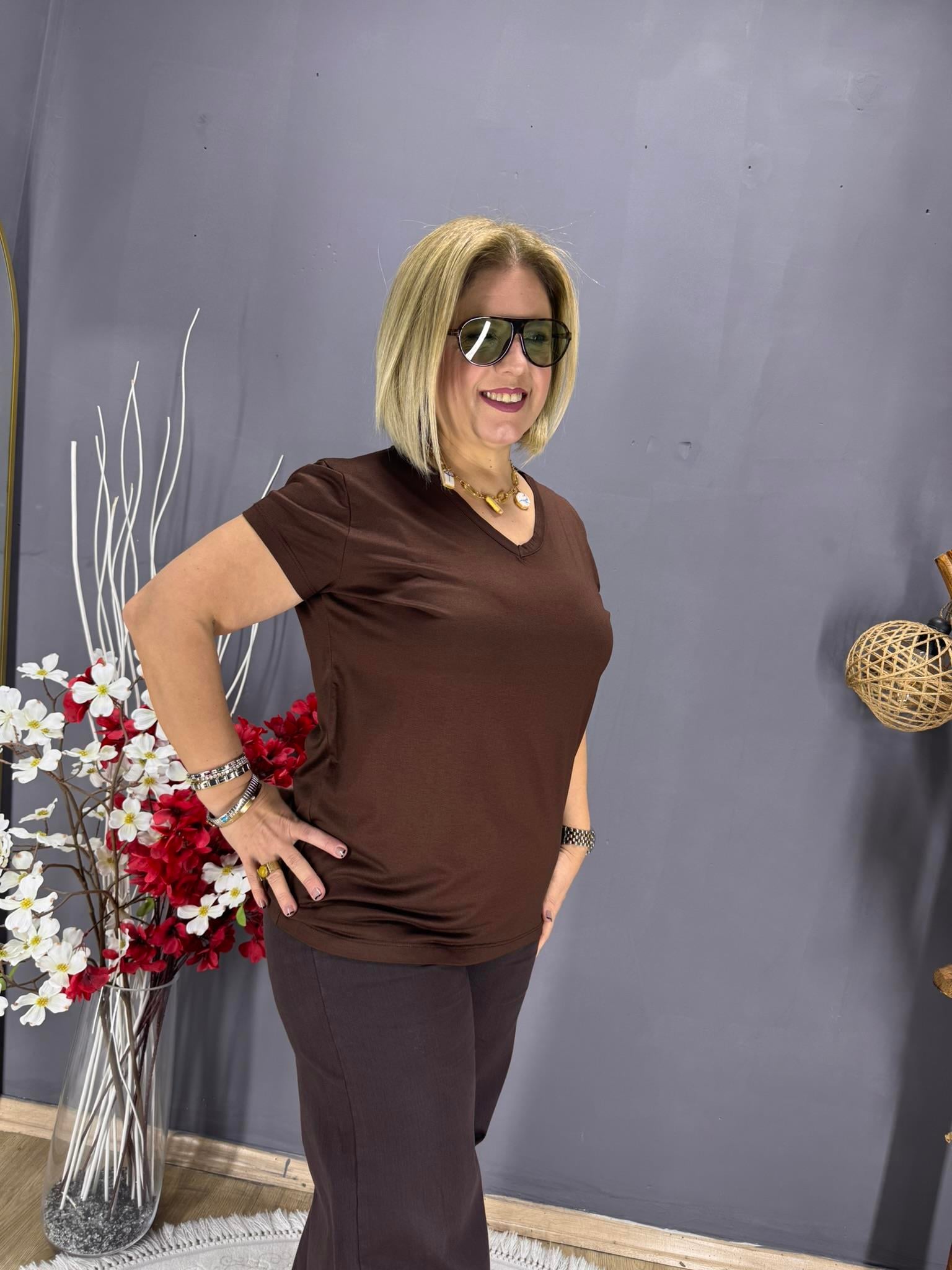 EYZ799 KAHVE V YAKA BASİC PENYE  BLUZ