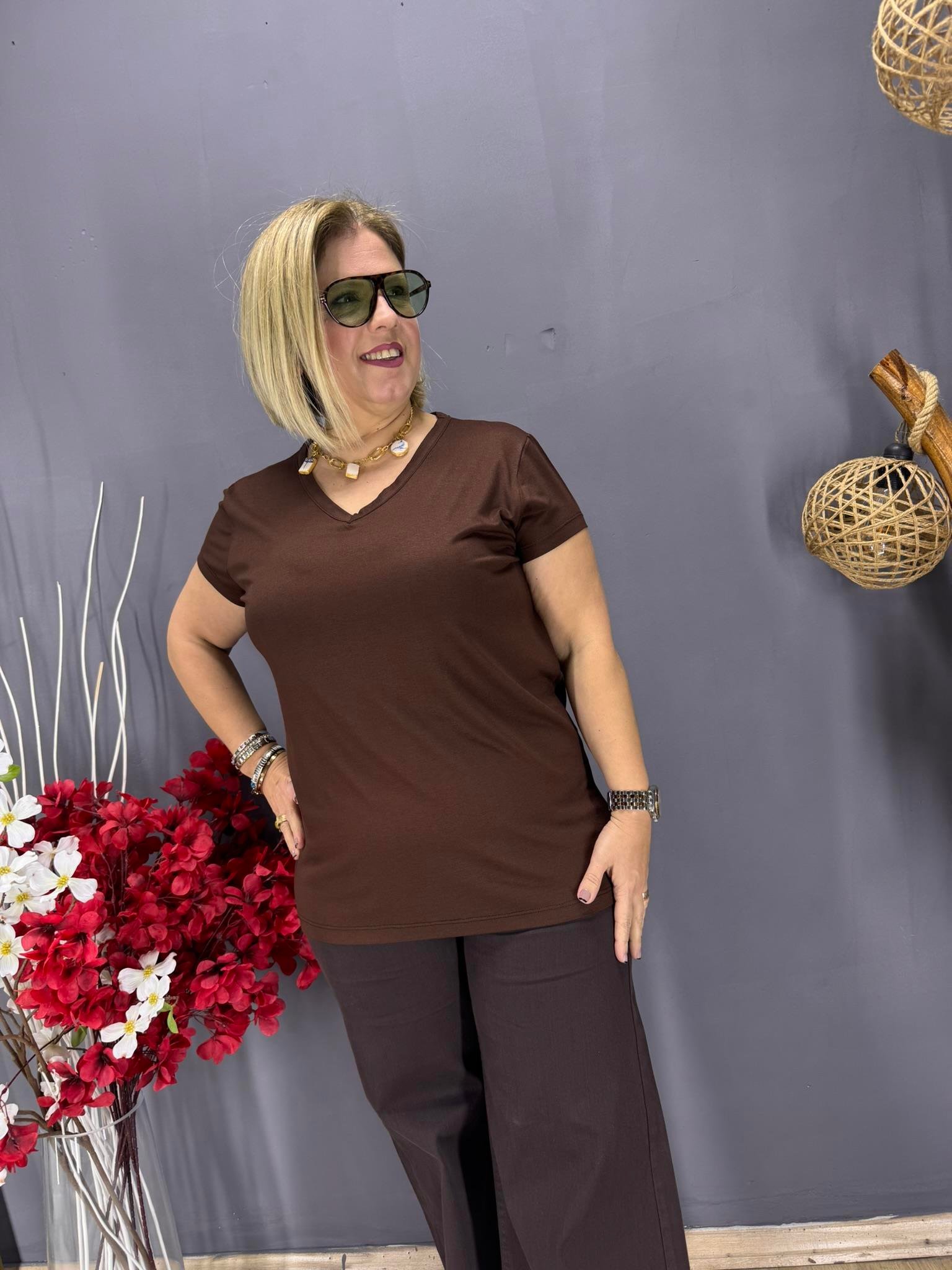 EYZ799 KAHVE V YAKA BASİC PENYE  BLUZ