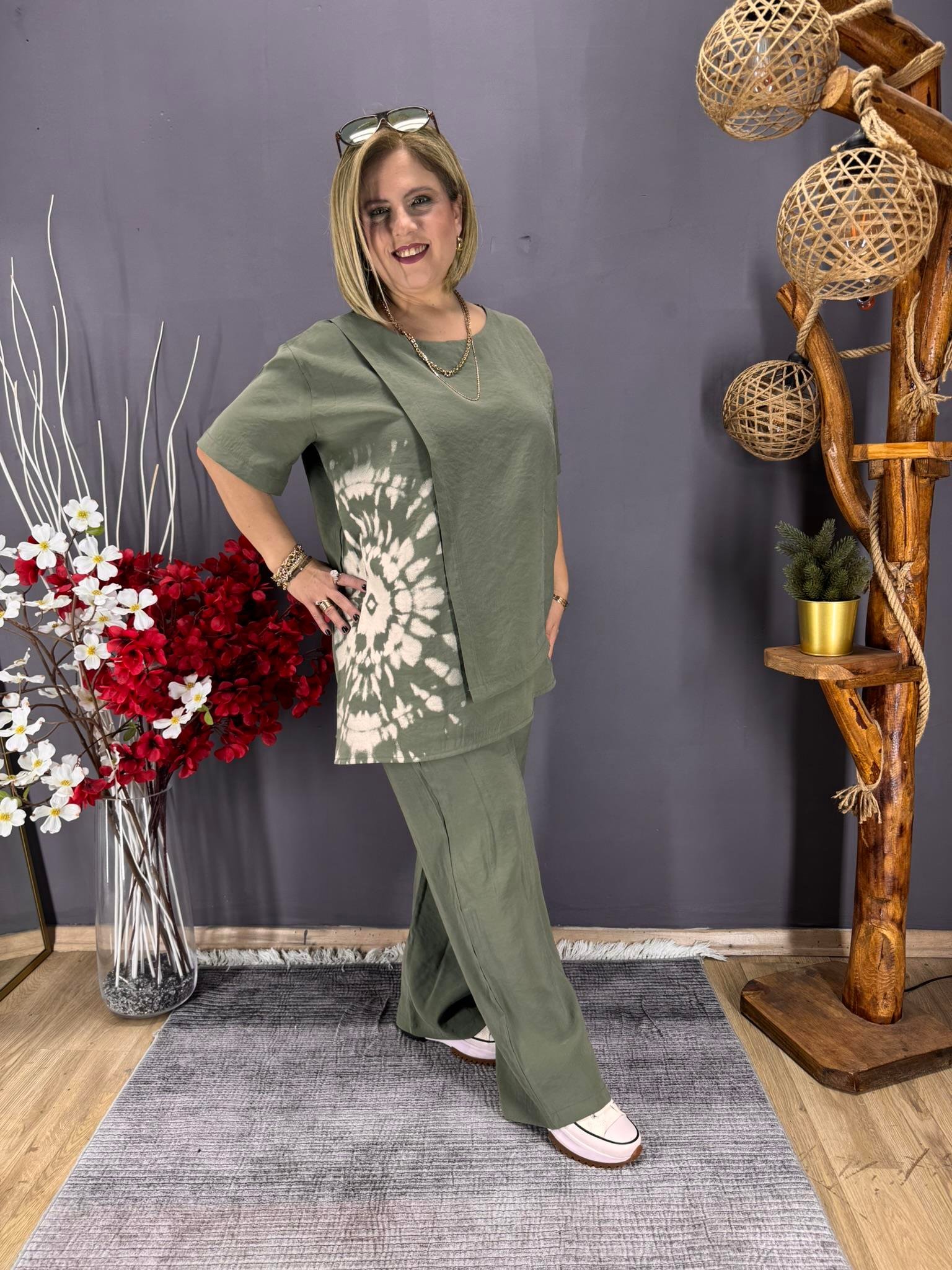 EYZ830 YEŞİL BATİK BASKI İTHAL KUMAŞ EŞOFMAN TAKIM