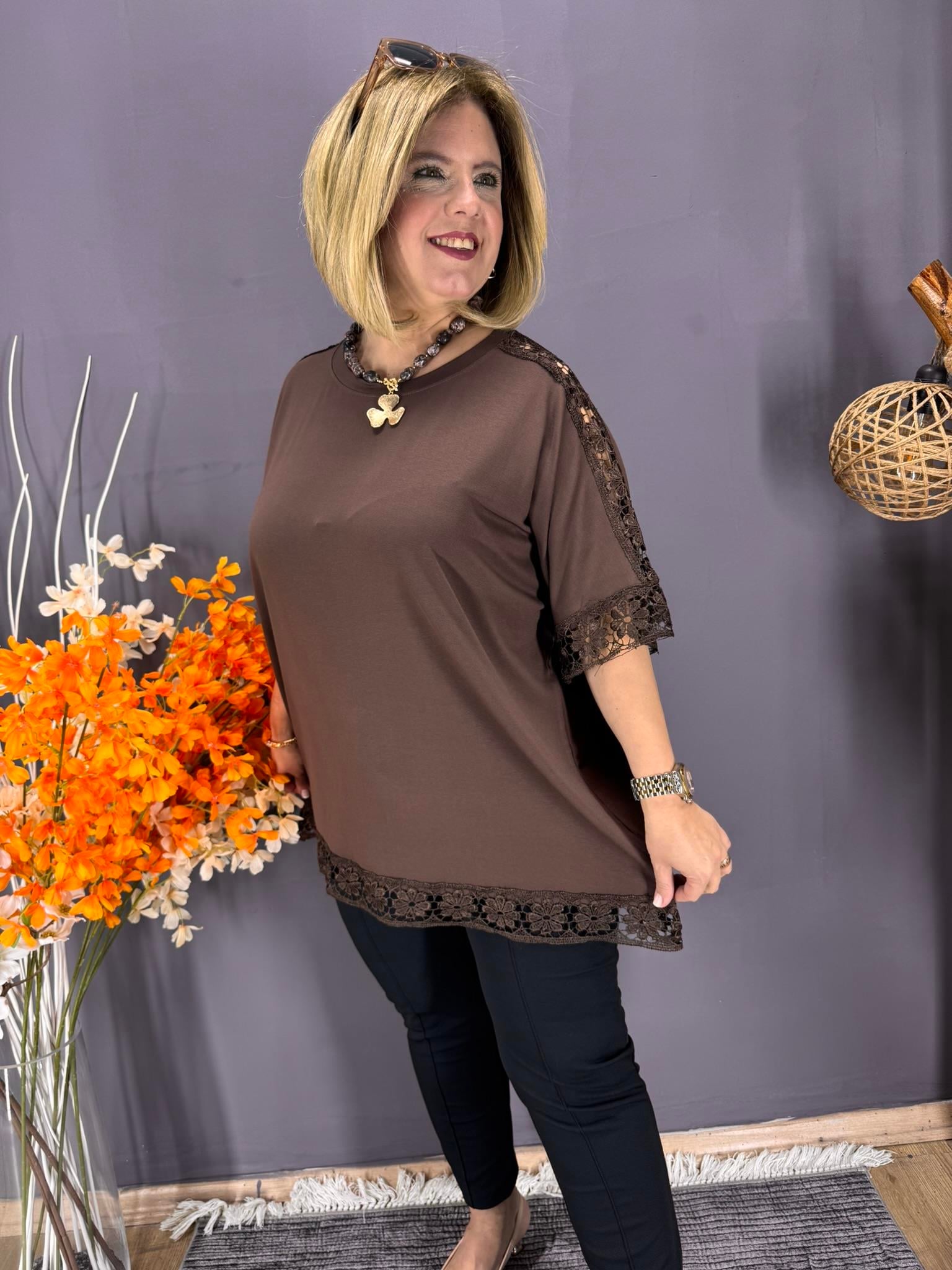 EYZ875 KAHVE DANTELLİ SALAŞ PENYE TUNİK