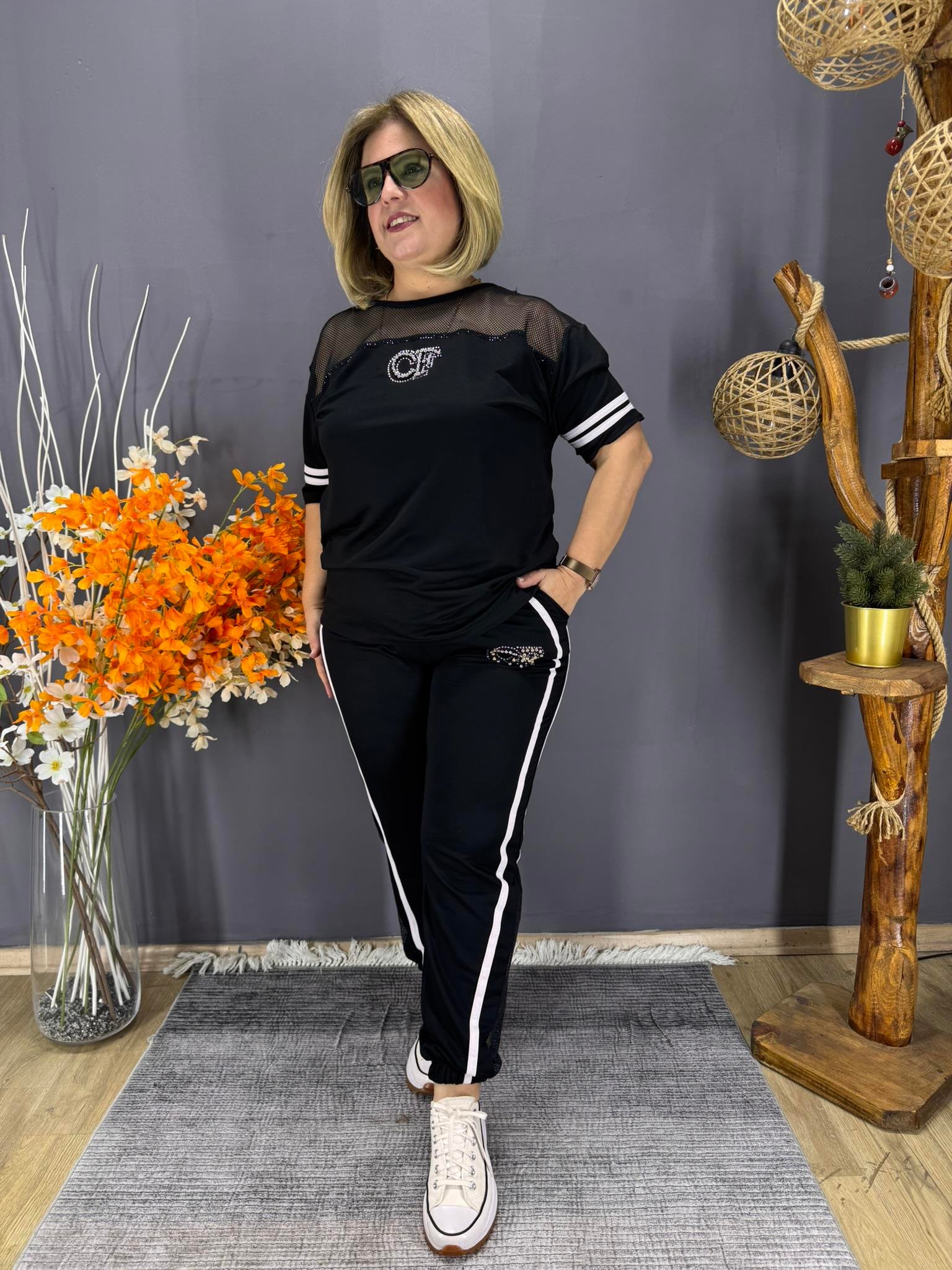 EYZ896 SİYAH CF FİLELİ TAŞLI EŞOFMAN TAKIM