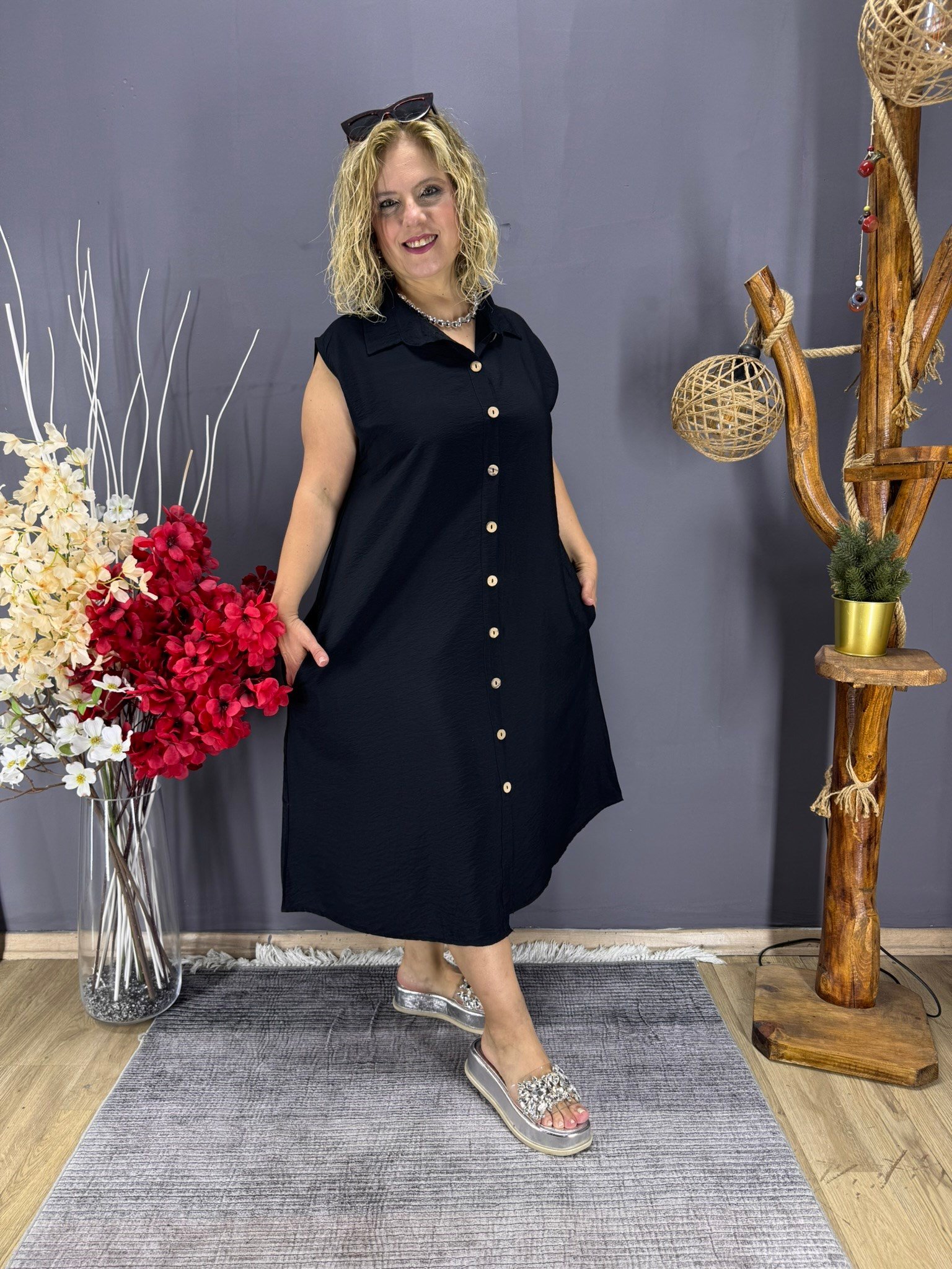 EYZ912 SİYAH POLO YAKA CEPLİ MODAL KUMAŞ KOLSUZ ELBİSE