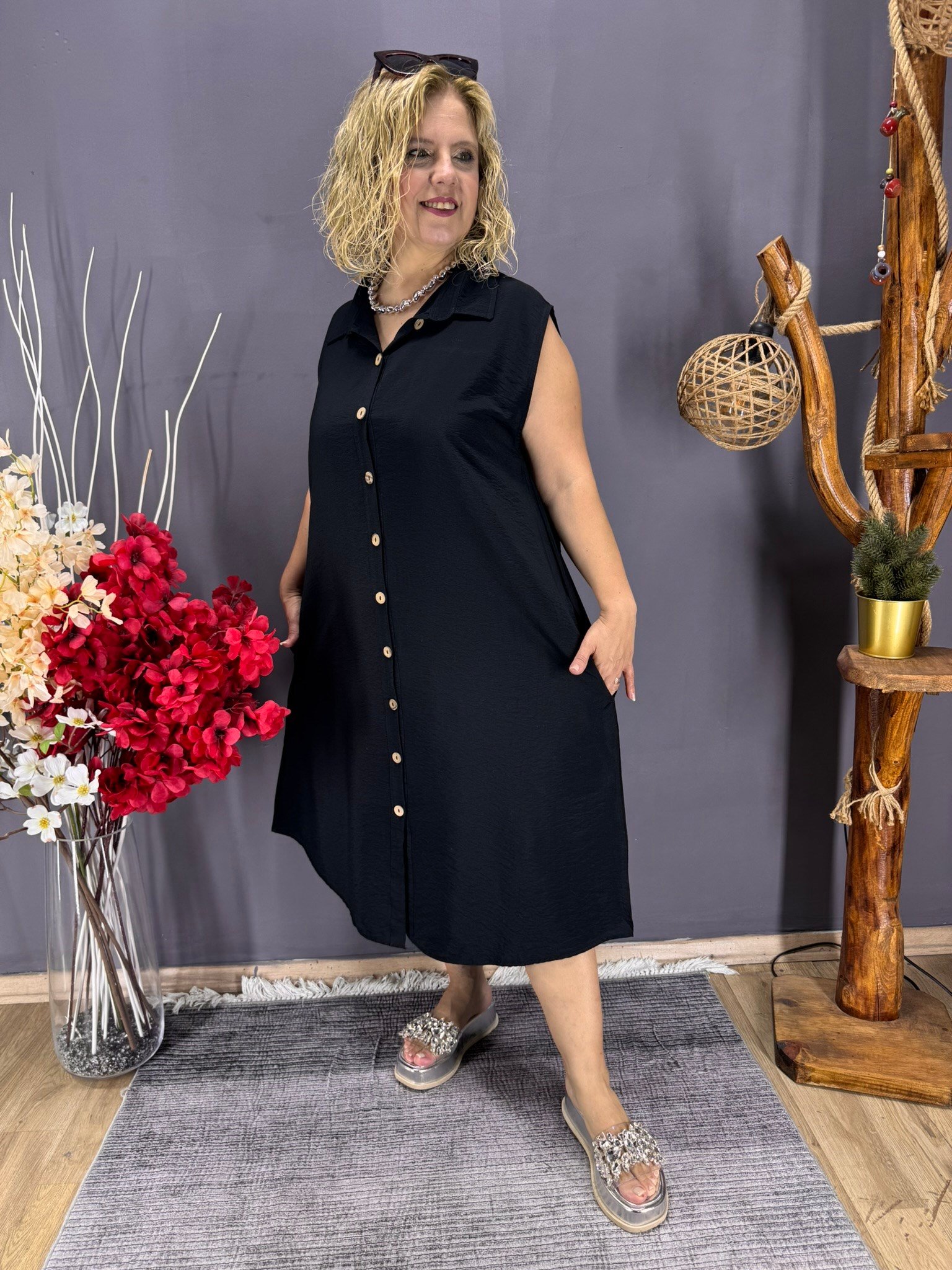 EYZ912 SİYAH POLO YAKA CEPLİ MODAL KUMAŞ KOLSUZ ELBİSE