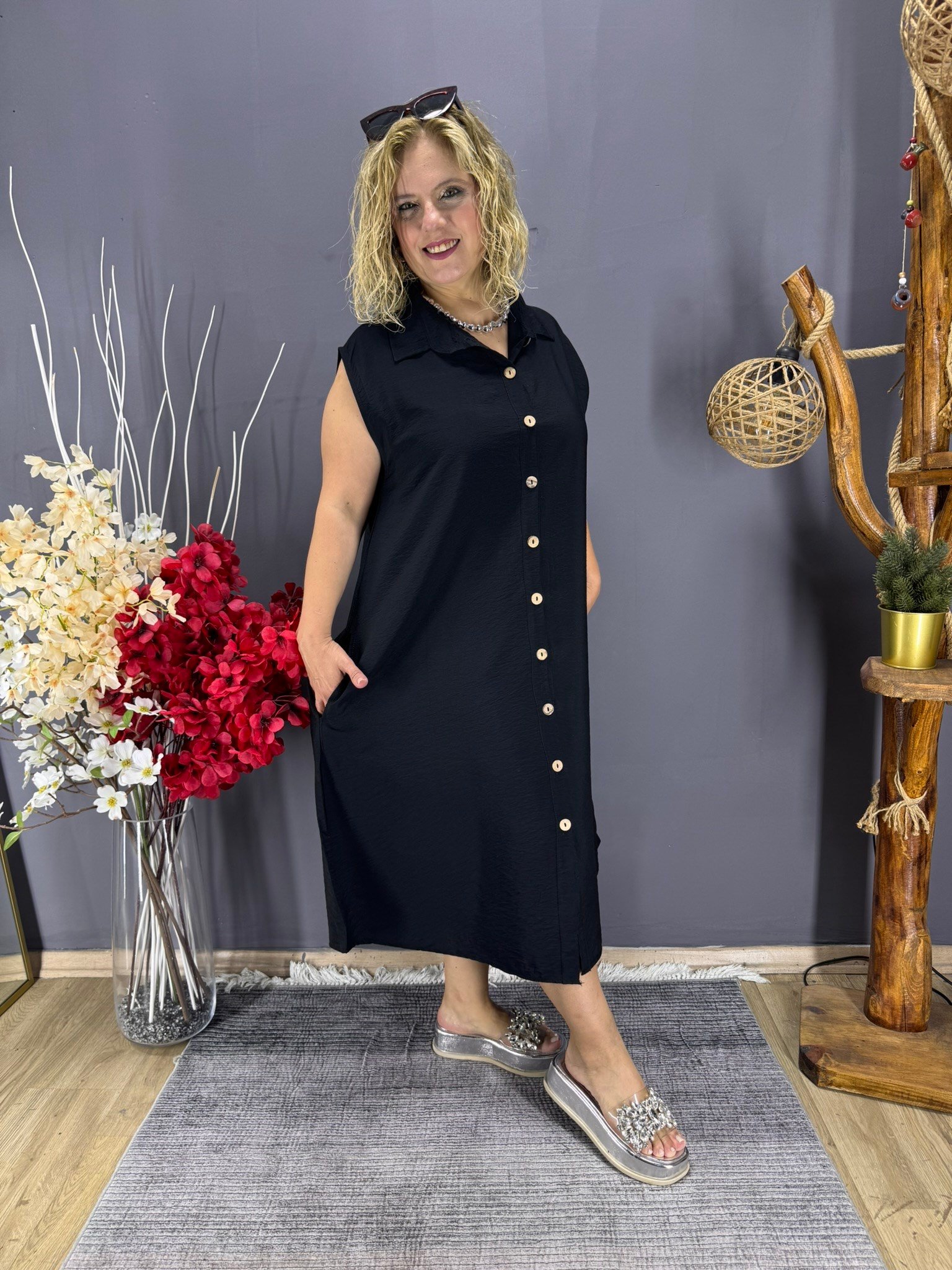 EYZ912 SİYAH POLO YAKA CEPLİ MODAL KUMAŞ KOLSUZ ELBİSE