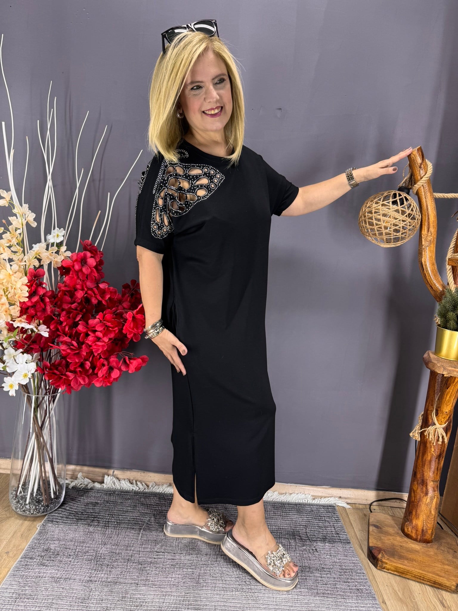 EYZ926 SİYAH OMUZU ÖN ARKA TAŞLI ELBİSE