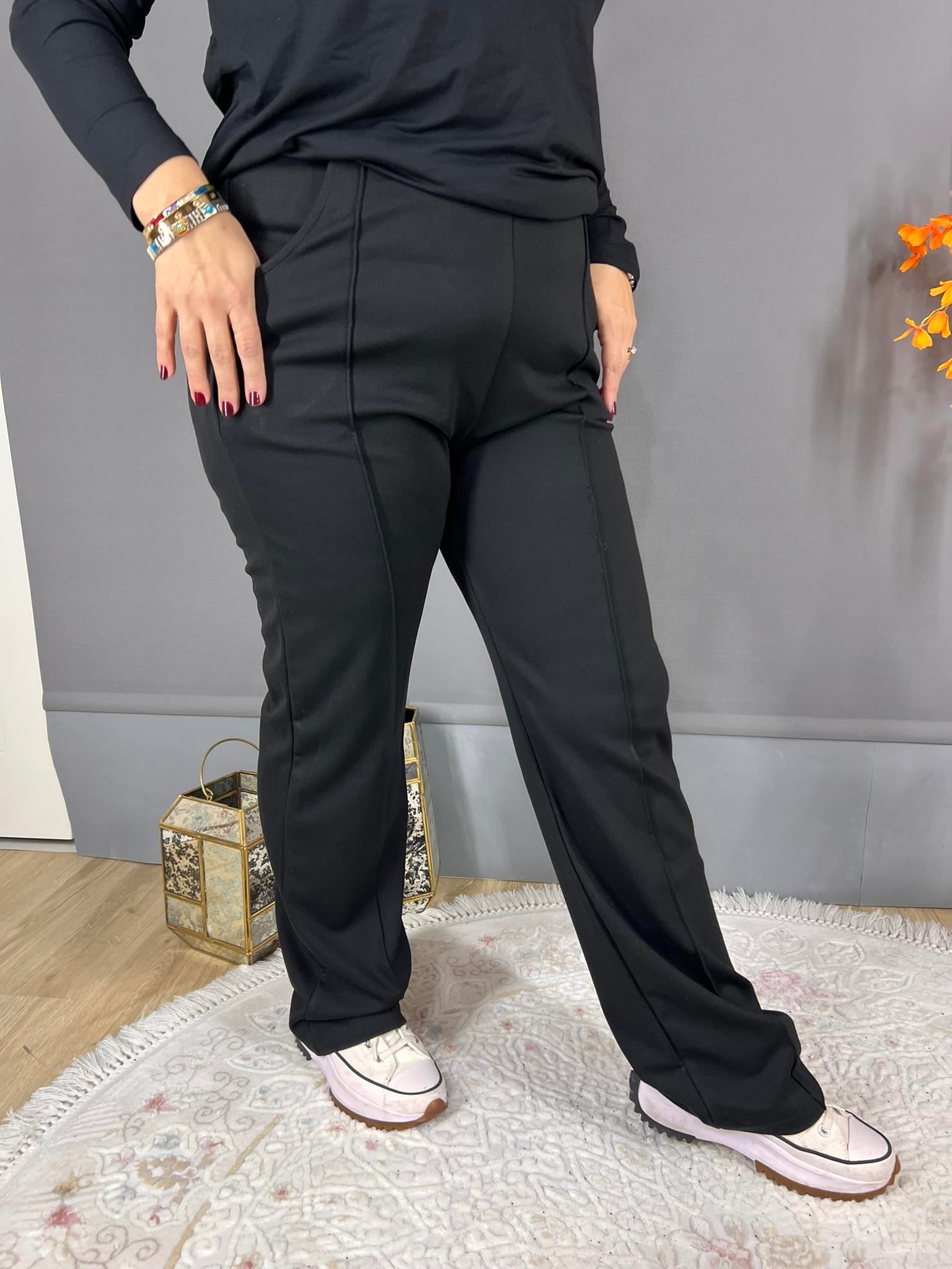 SİYAH CEPLİ ÖN BİYELİ GENİŞ KALIP TEK ALT PANTOLON