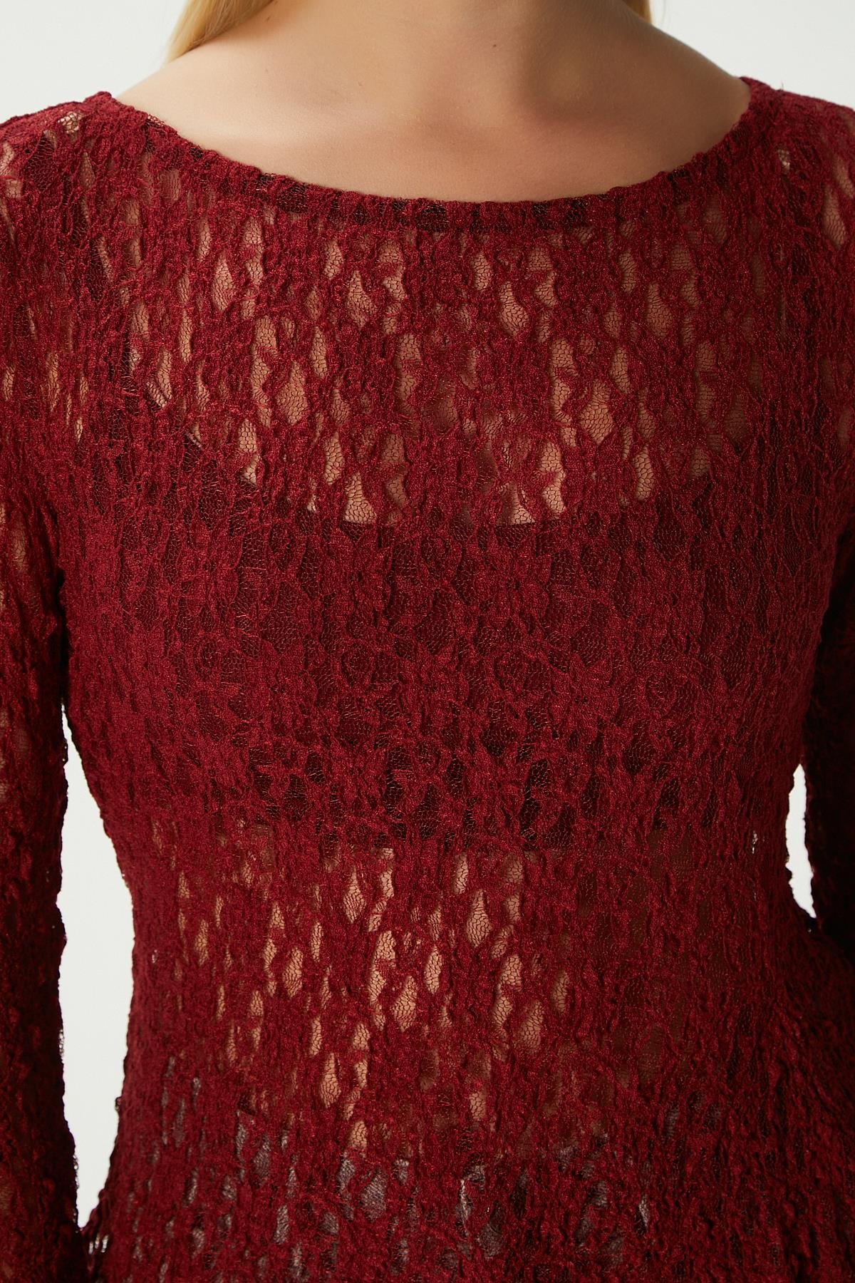 Angel Asimetrik Bordo Uzun Kollu Dantel Top / Bluz