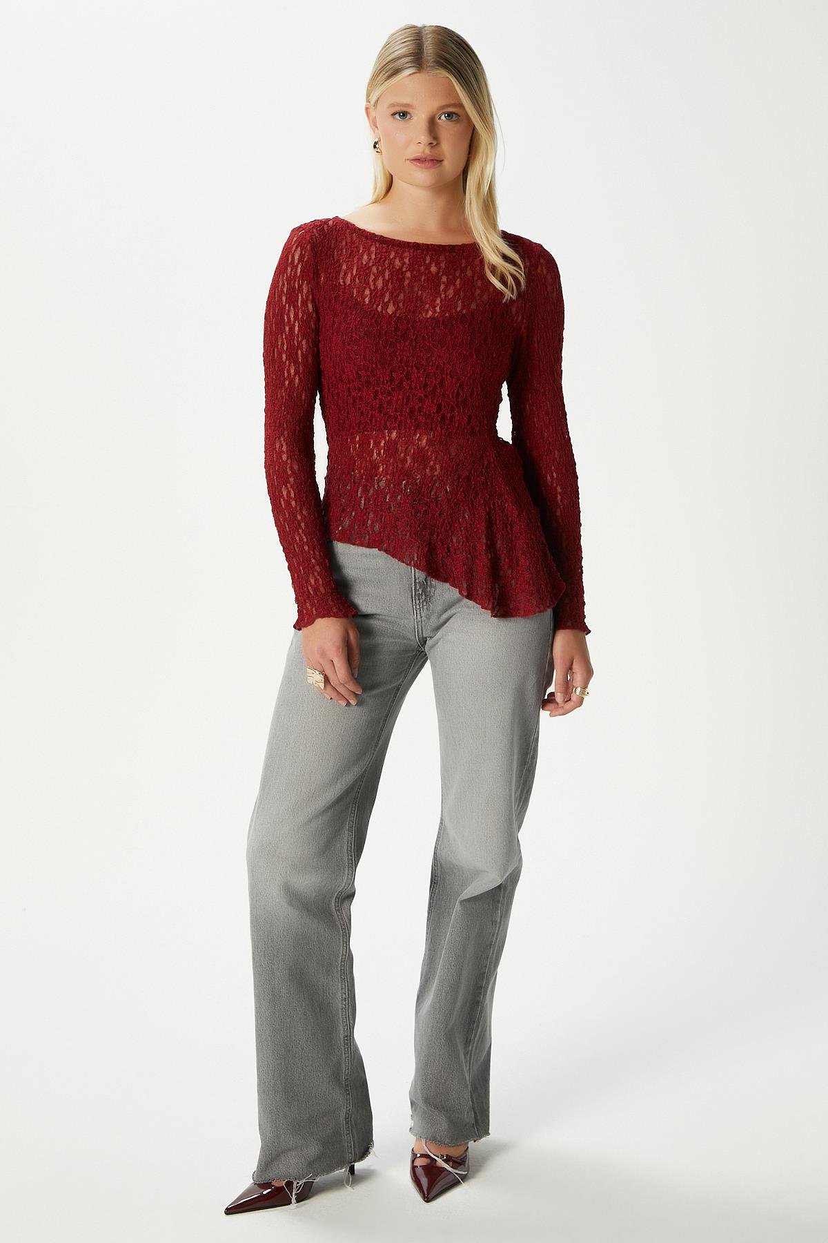 Angel Asimetrik Bordo Uzun Kollu Dantel Top / Bluz