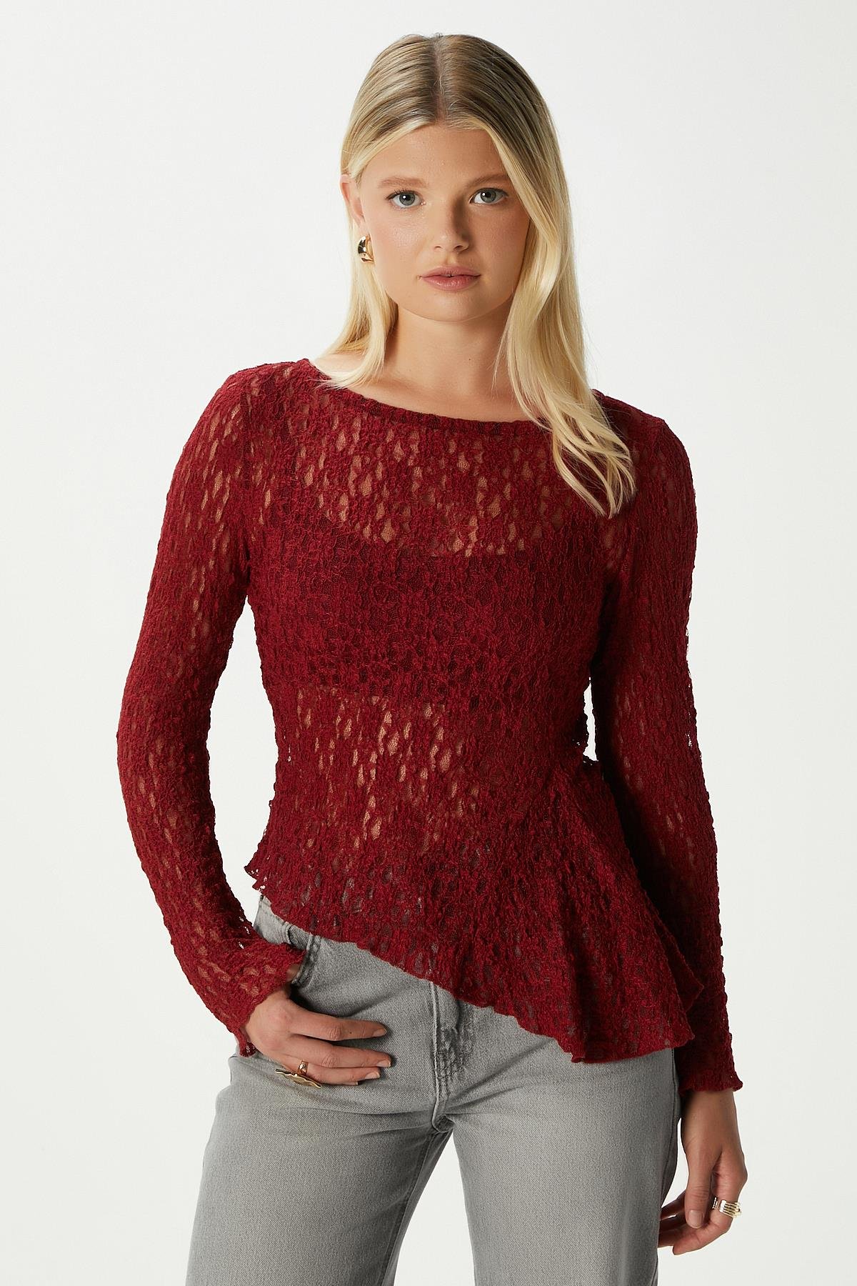 Angel Asimetrik Bordo Uzun Kollu Dantel Top / Bluz