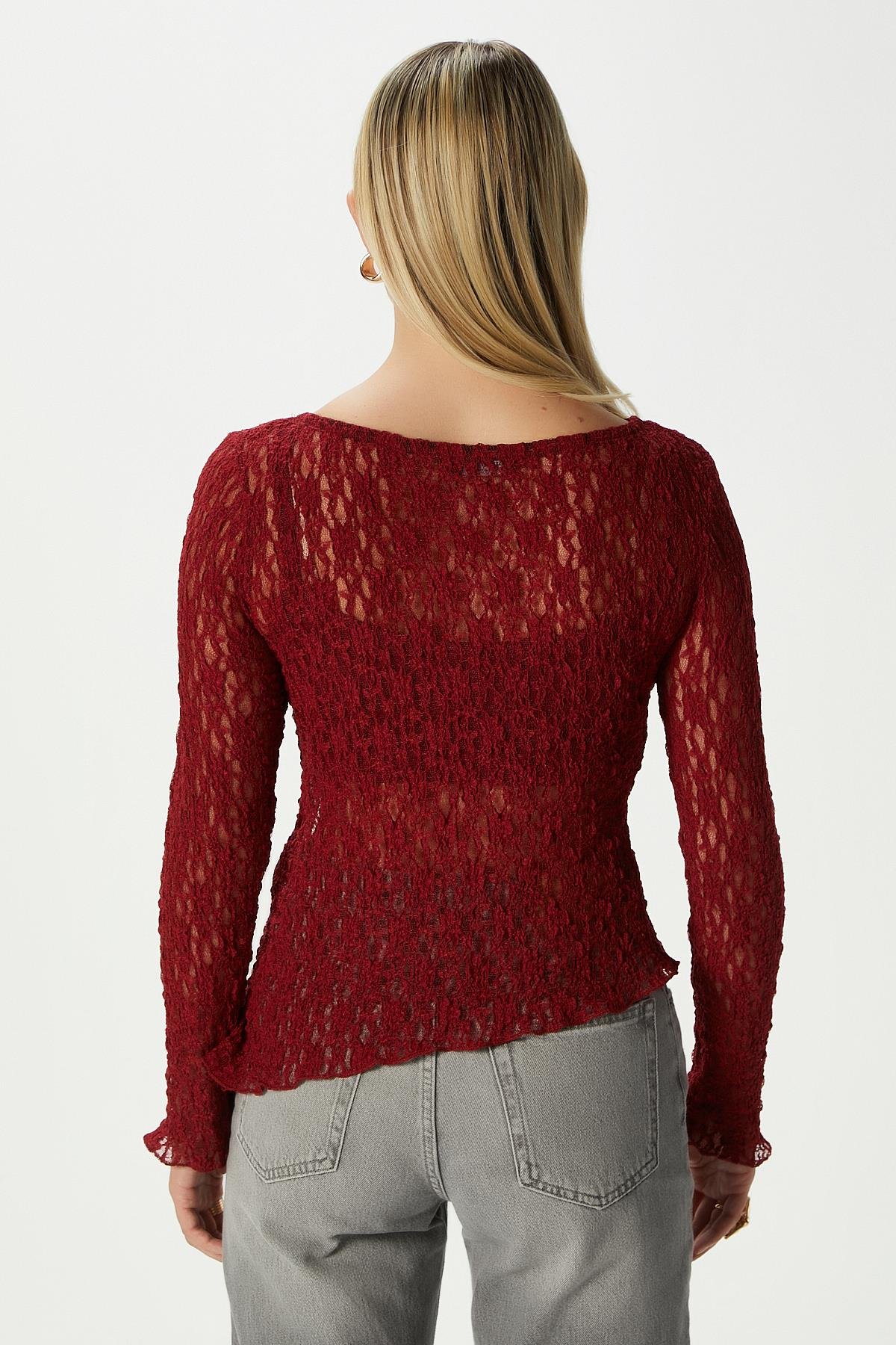 Angel Asimetrik Bordo Uzun Kollu Dantel Top / Bluz