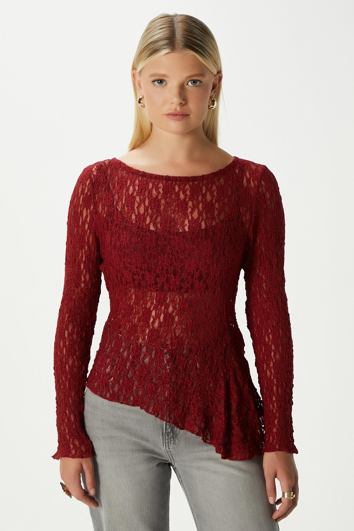 Angel Asimetrik Bordo Uzun Kollu Dantel Top / Bluz