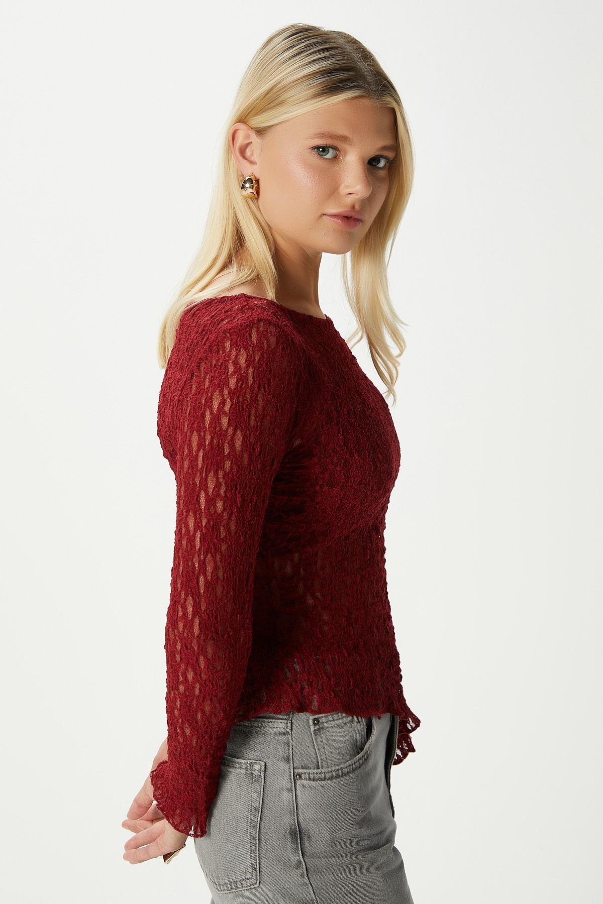Angel Asimetrik Bordo Uzun Kollu Dantel Top / Bluz