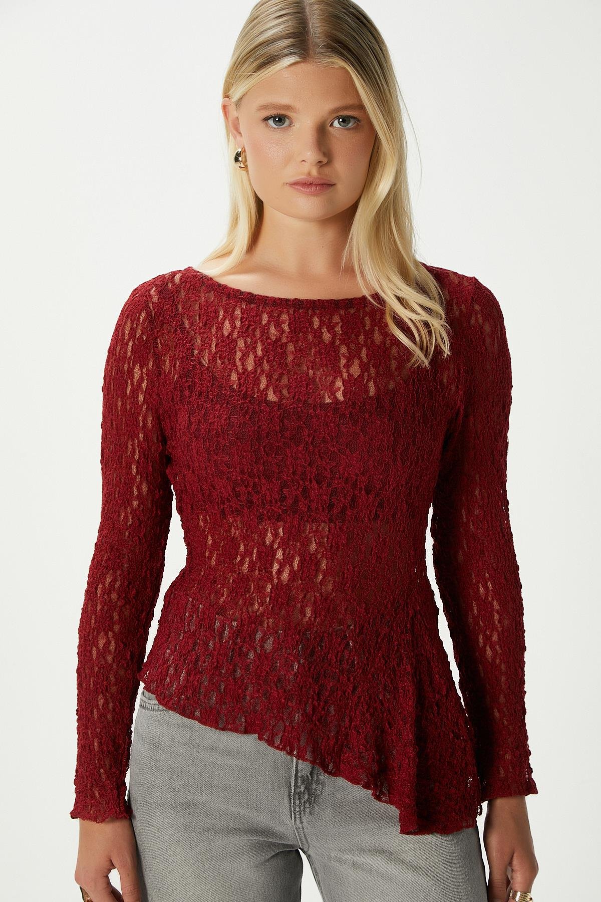 Angel Asimetrik Bordo Uzun Kollu Dantel Top / Bluz