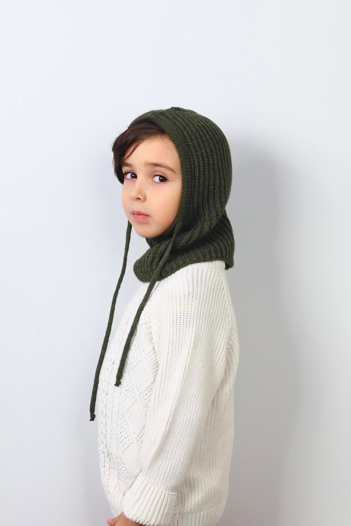 Çocuk İpli Haki Balaclava Triko Bere / Başlık