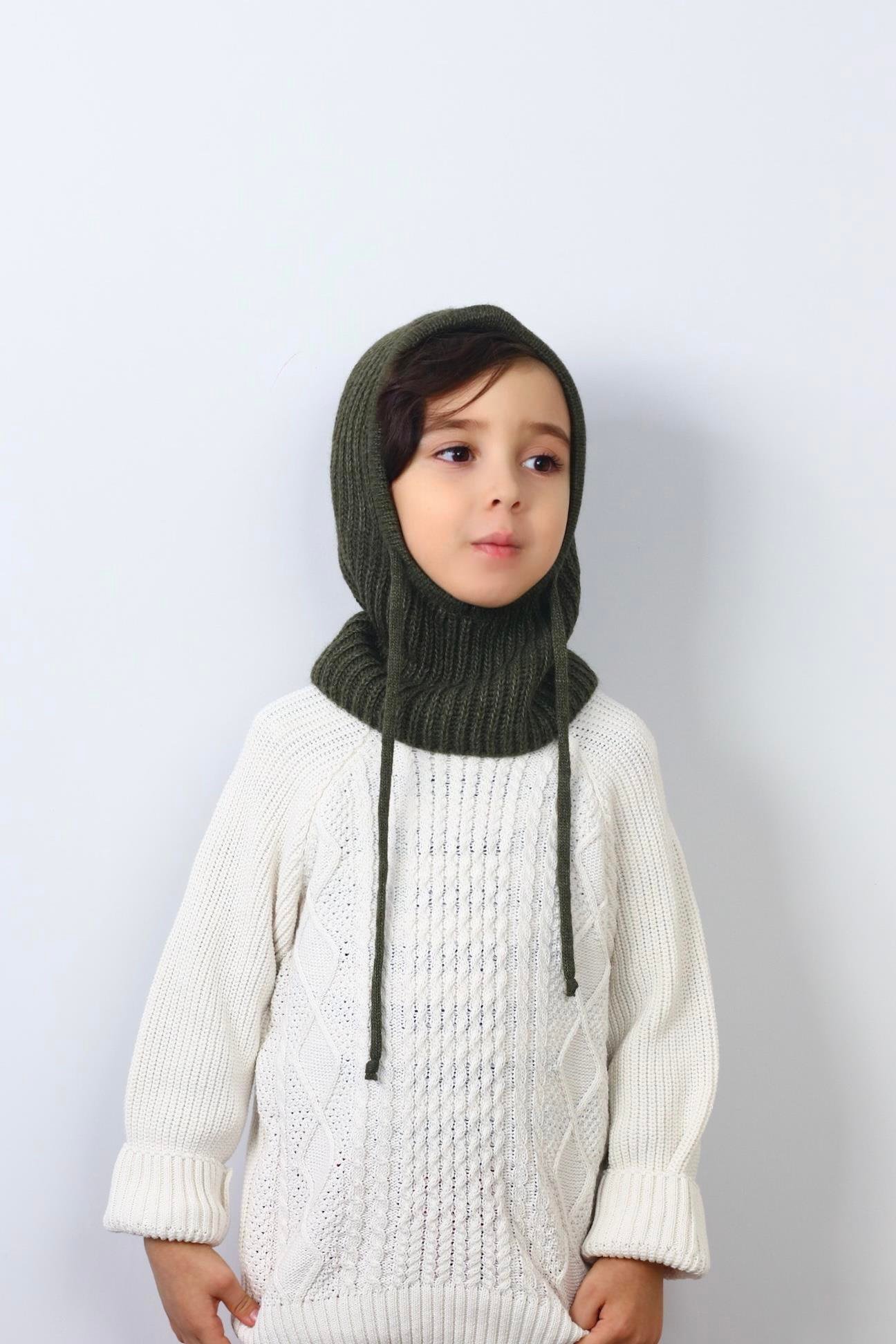 Çocuk İpli Haki Balaclava Triko Bere / Başlık
