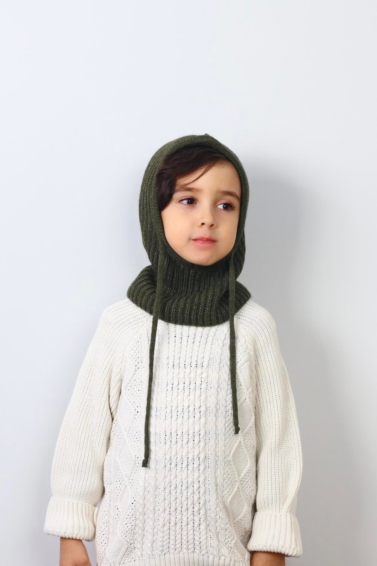 Çocuk İpli Haki Balaclava Triko Bere / Başlık