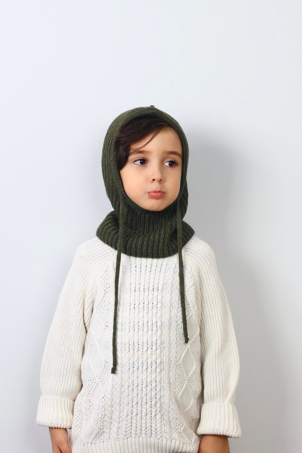 Çocuk İpli Haki Balaclava Triko Bere / Başlık